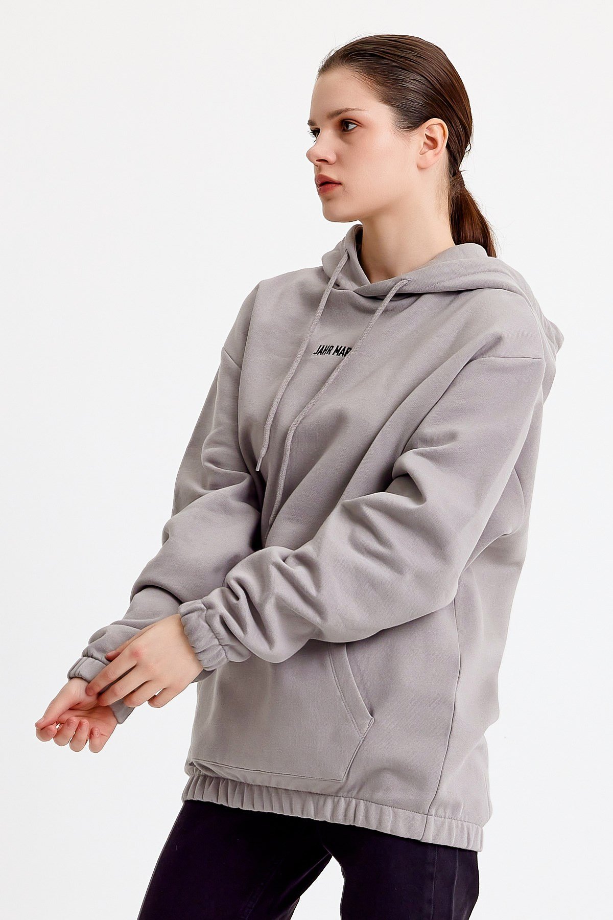 Nakışlı Oversize Açık Gri Kapüşonlu Kadın Sweatshirt