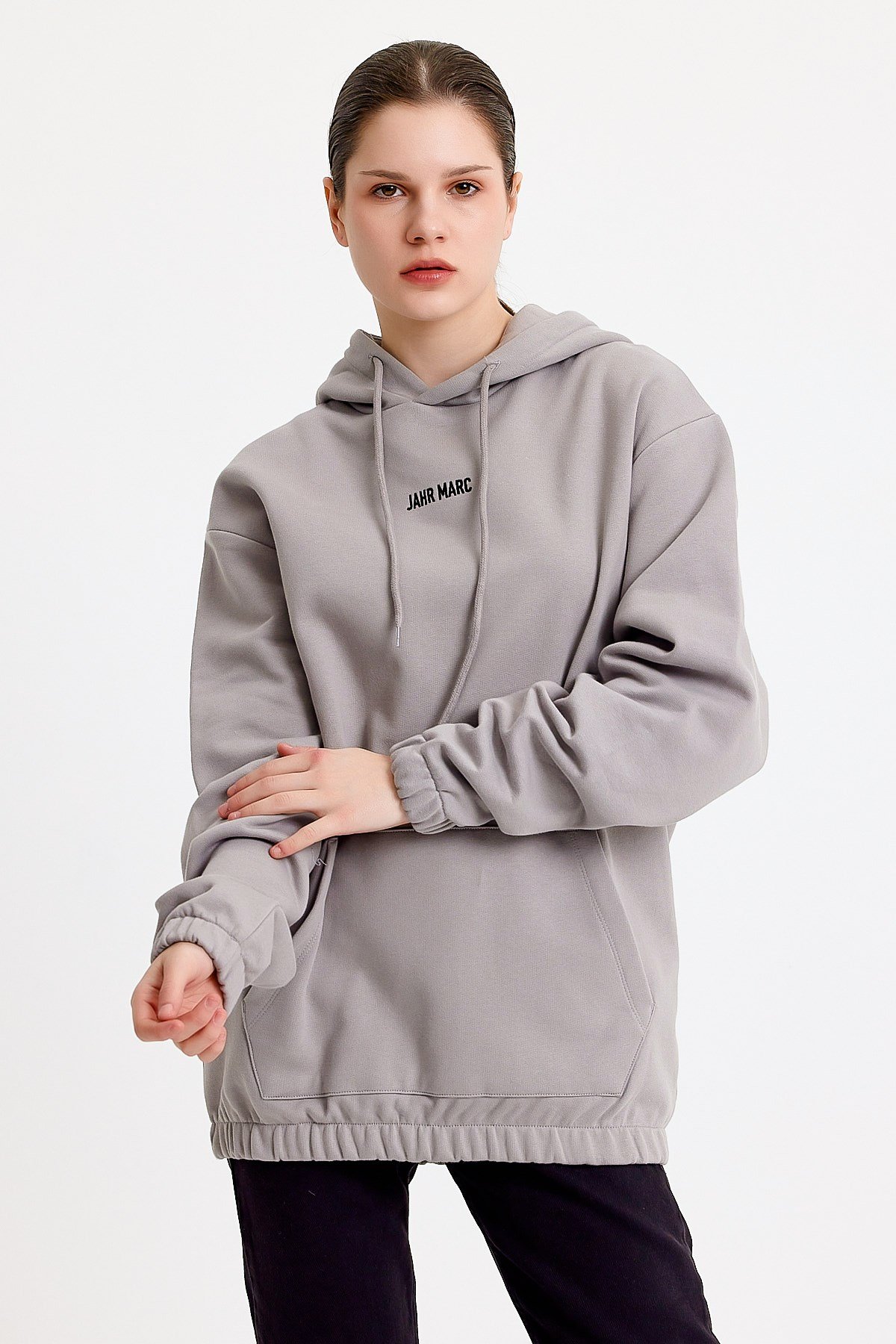 Nakışlı Oversize Açık Gri Kapüşonlu Kadın Sweatshirt