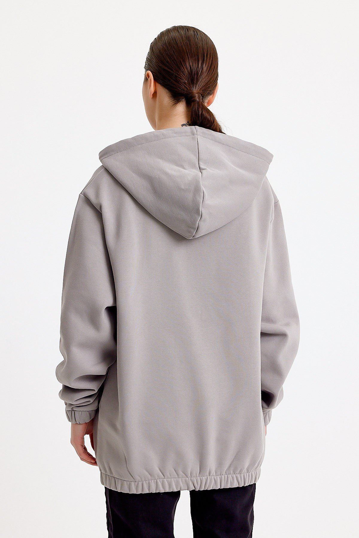 Nakışlı Oversize Açık Gri Kapüşonlu Kadın Sweatshirt