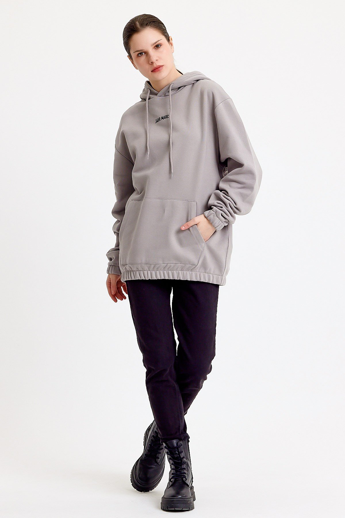 Nakışlı Oversize Açık Gri Kapüşonlu Kadın Sweatshirt