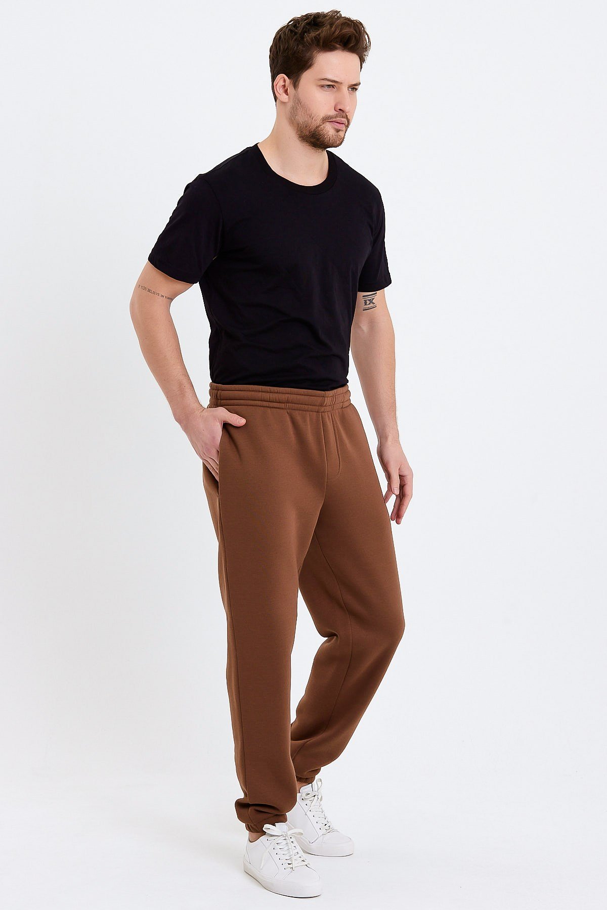 Nakışlı Oversize Kahverengi Erkek Eşofman Altı