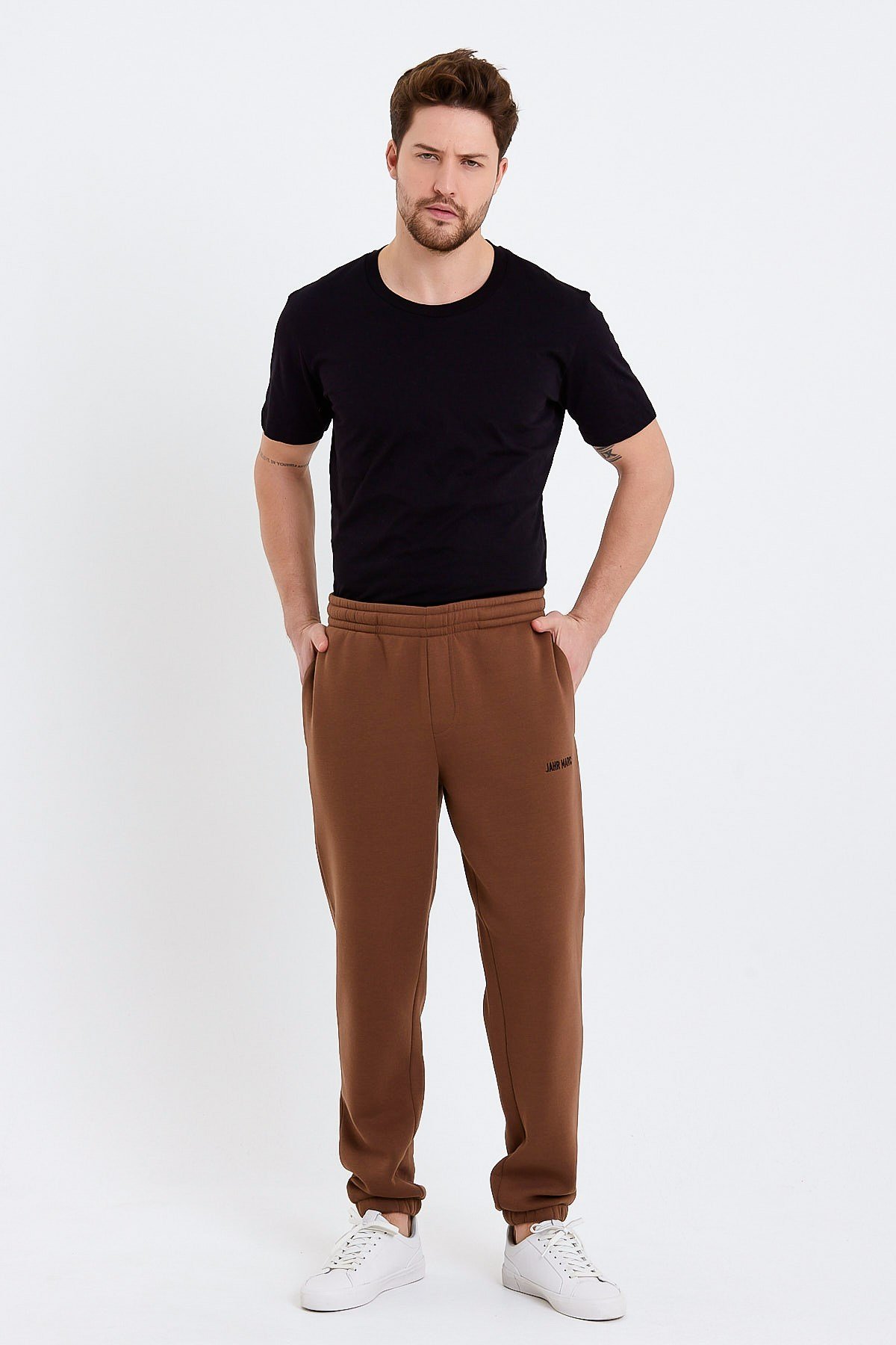 Nakışlı Oversize Kahverengi Erkek Eşofman Altı