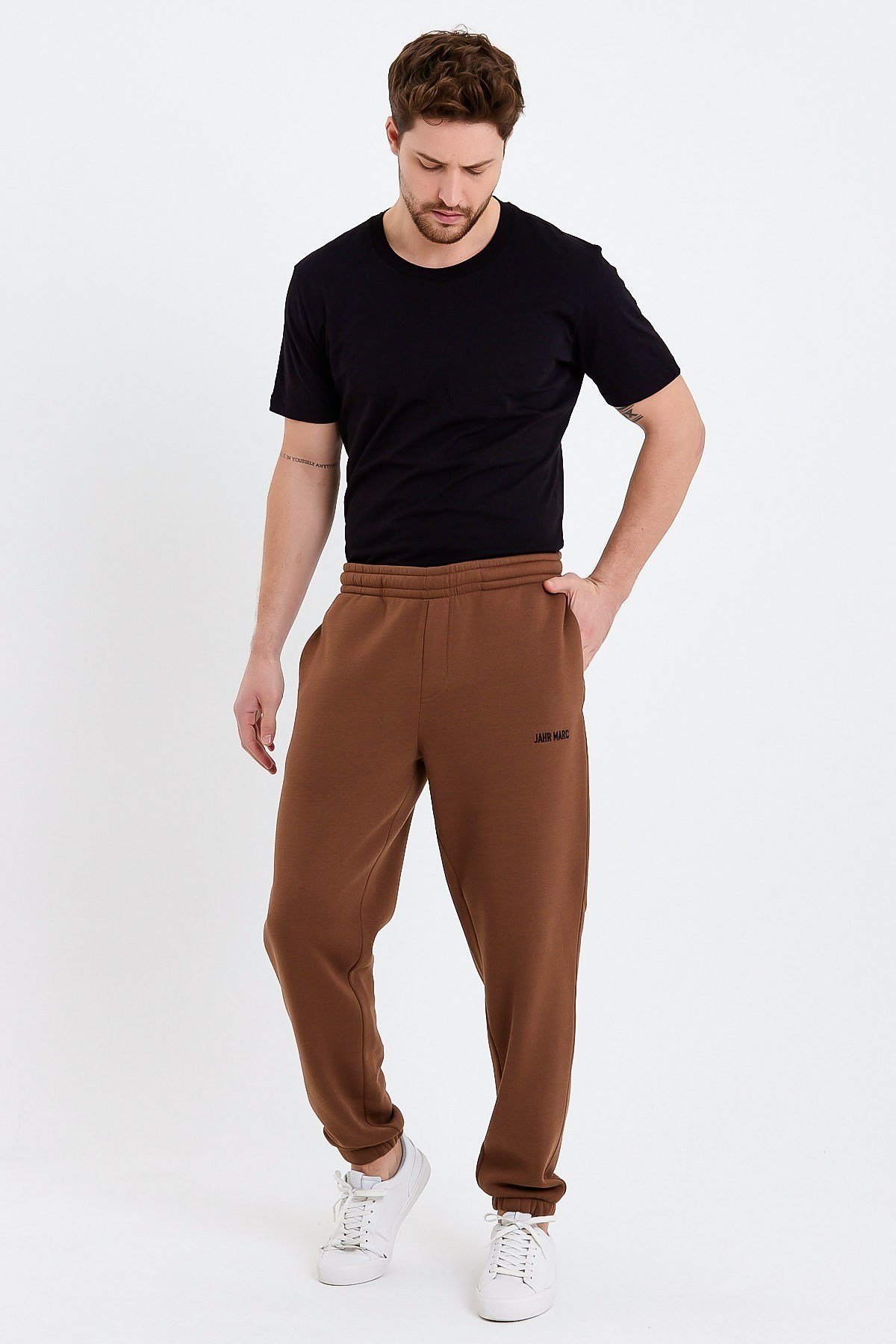 Nakışlı Oversize Kahverengi Erkek Eşofman Altı