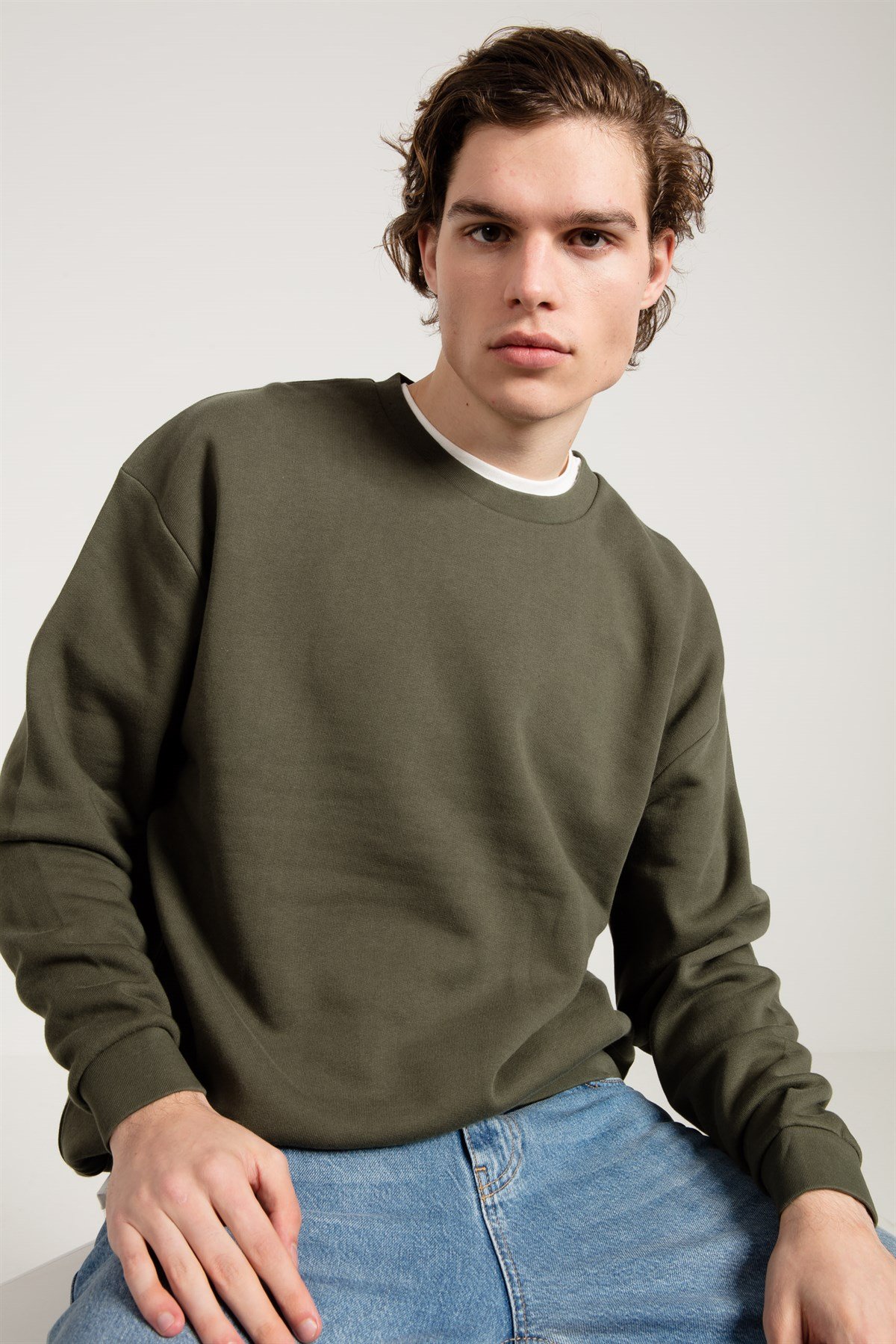 Oversize Asit Yıkamalı Haki Erkek Sweatshirt