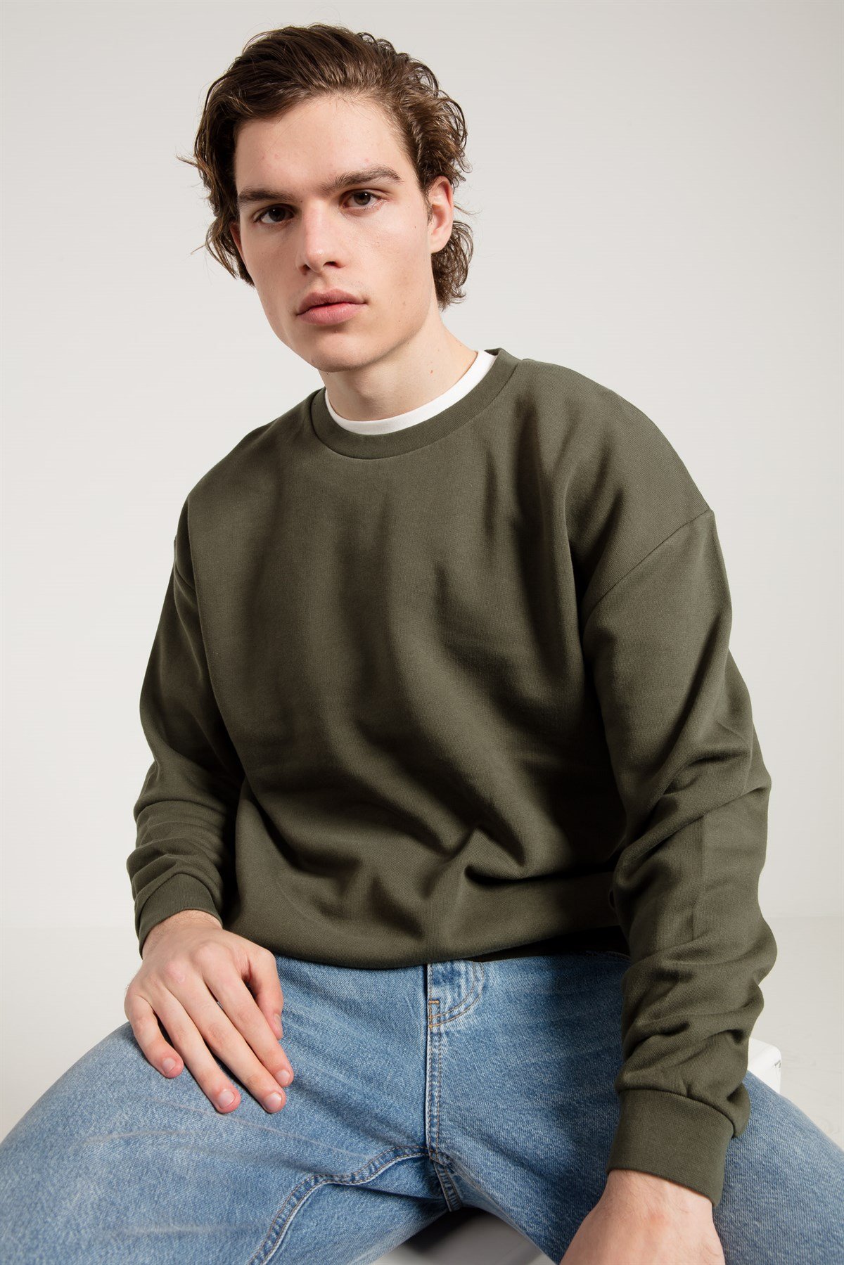 Oversize Asit Yıkamalı Haki Erkek Sweatshirt