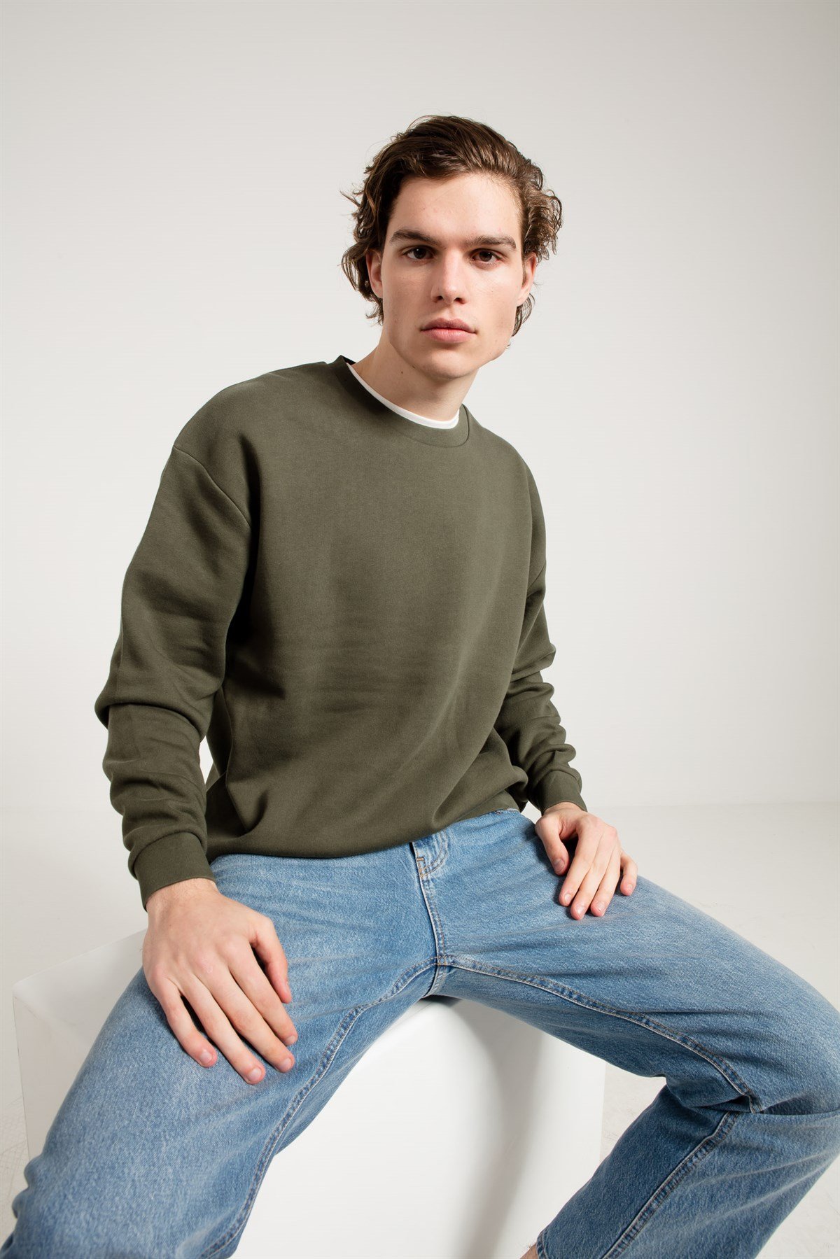 Oversize Asit Yıkamalı Haki Erkek Sweatshirt