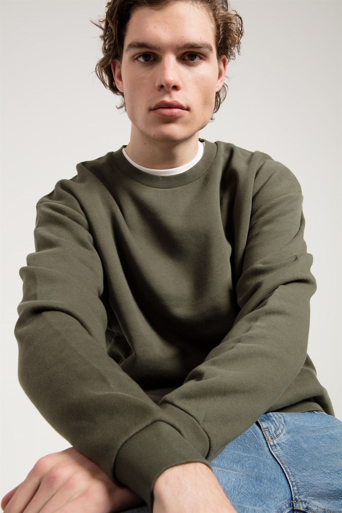 Oversize Asit Yıkamalı Haki Erkek Sweatshirt