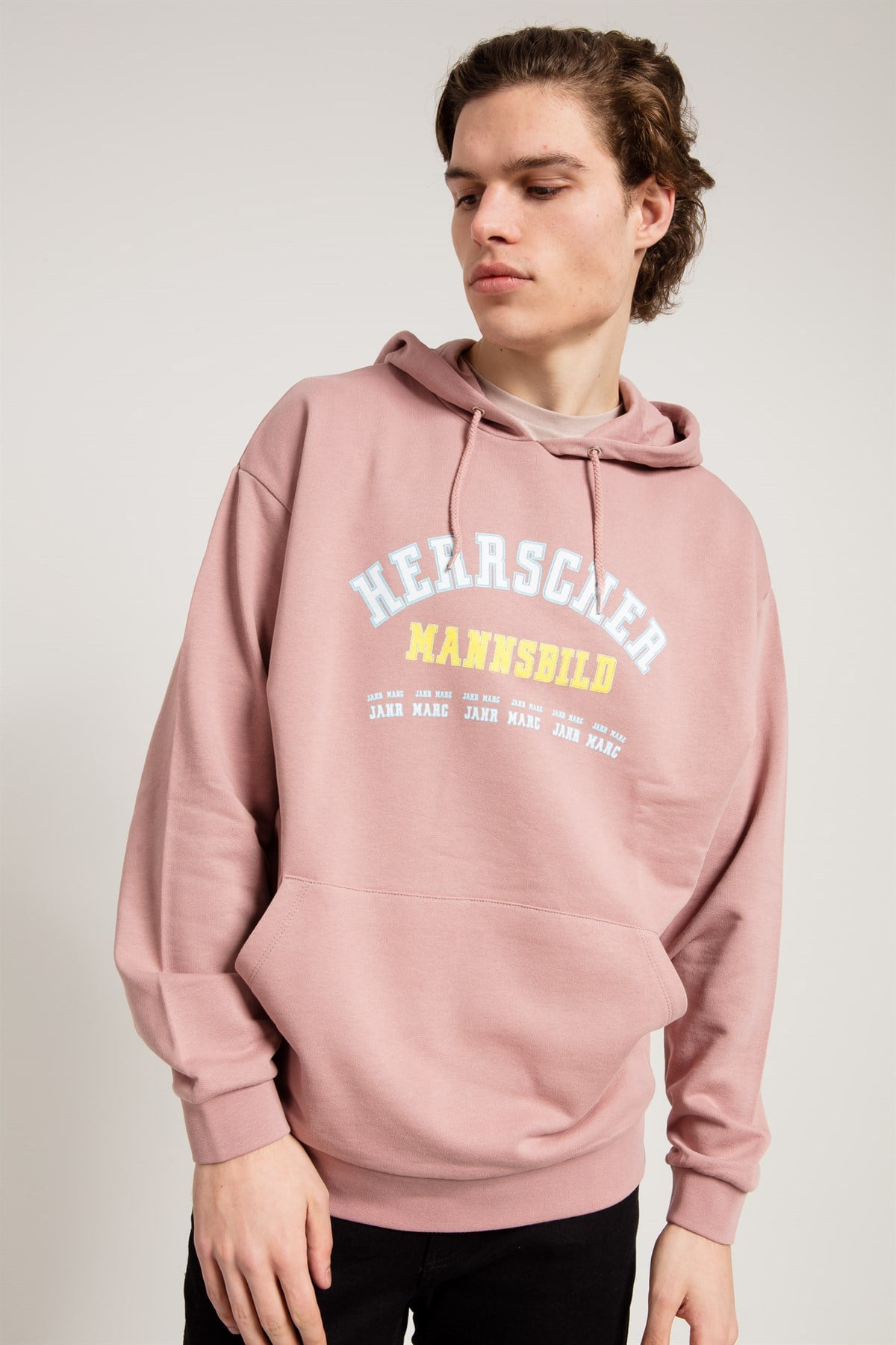 Oversize Baskılı Pembe Kapüşonlu Sweatshirt