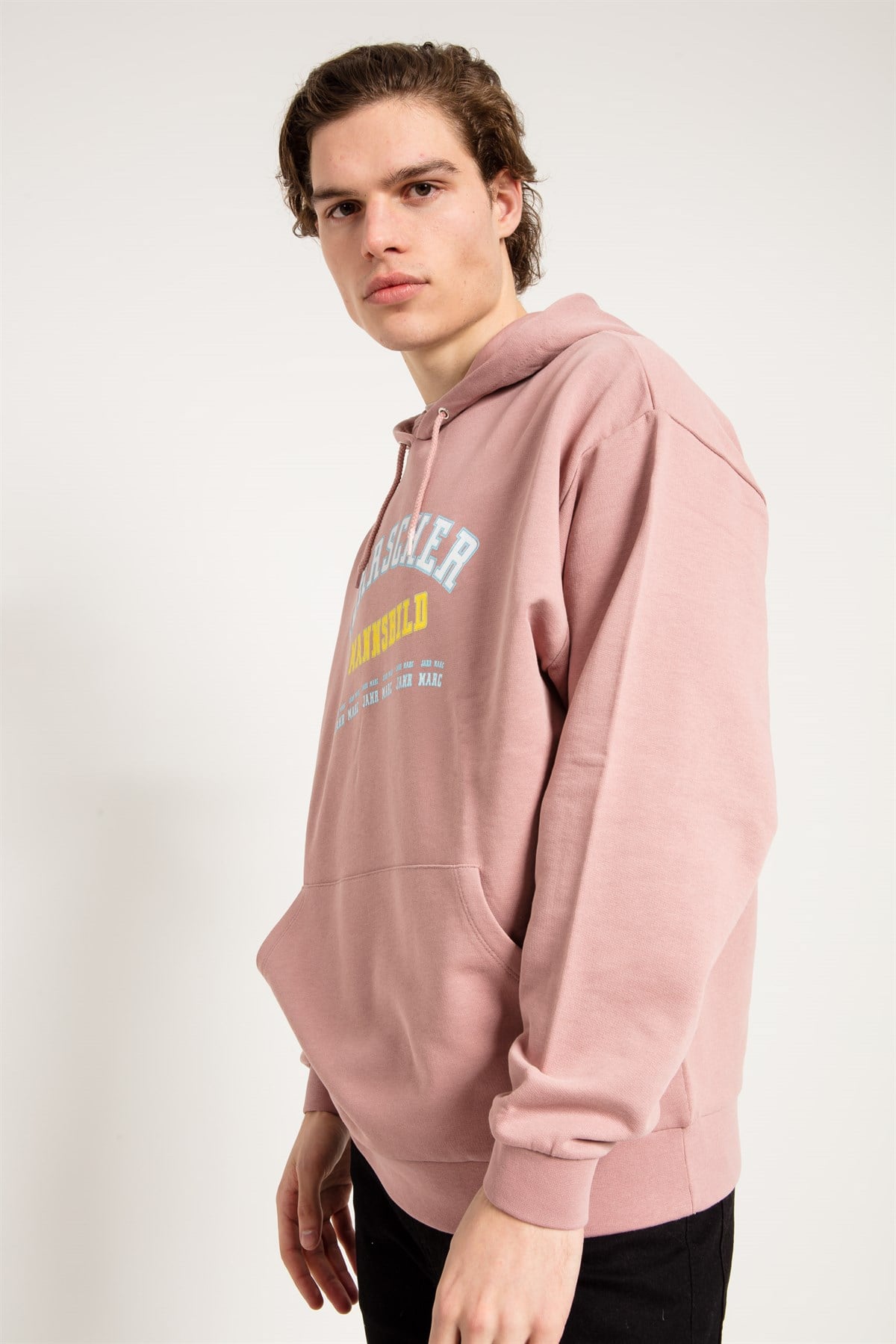 Oversize Baskılı Pembe Kapüşonlu Sweatshirt