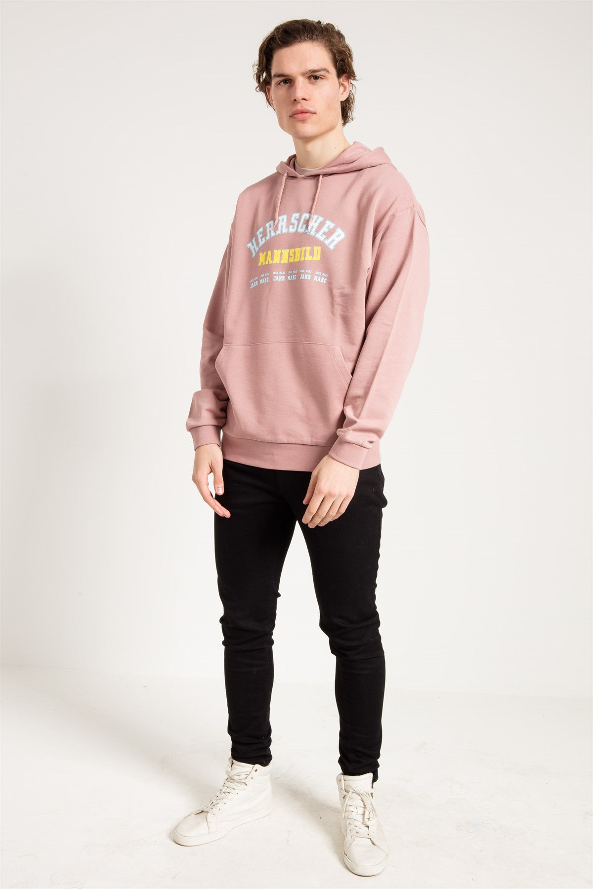 Oversize Baskılı Pembe Kapüşonlu Sweatshirt