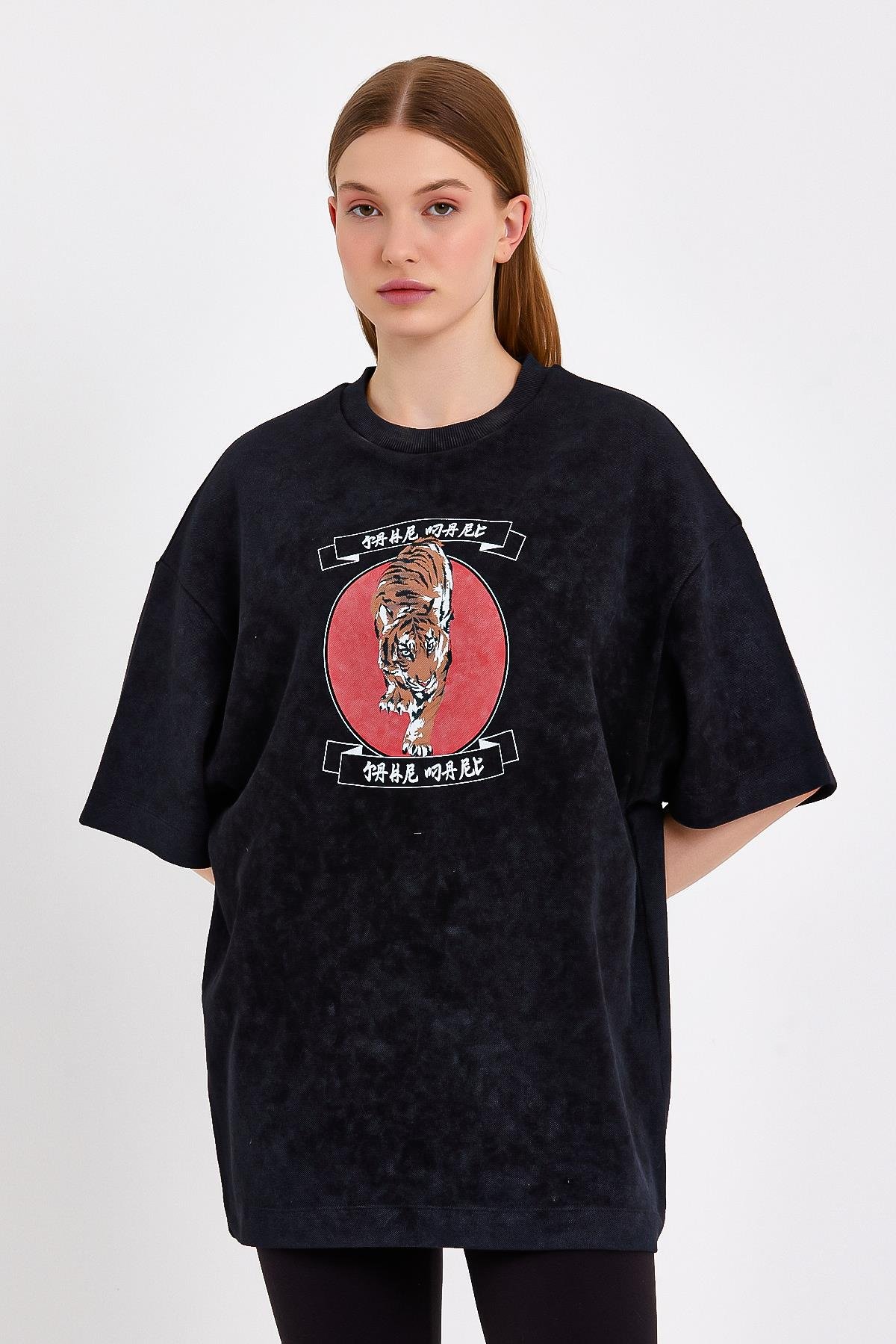 Oversize Baskılı Siyah Kadın T-shirt