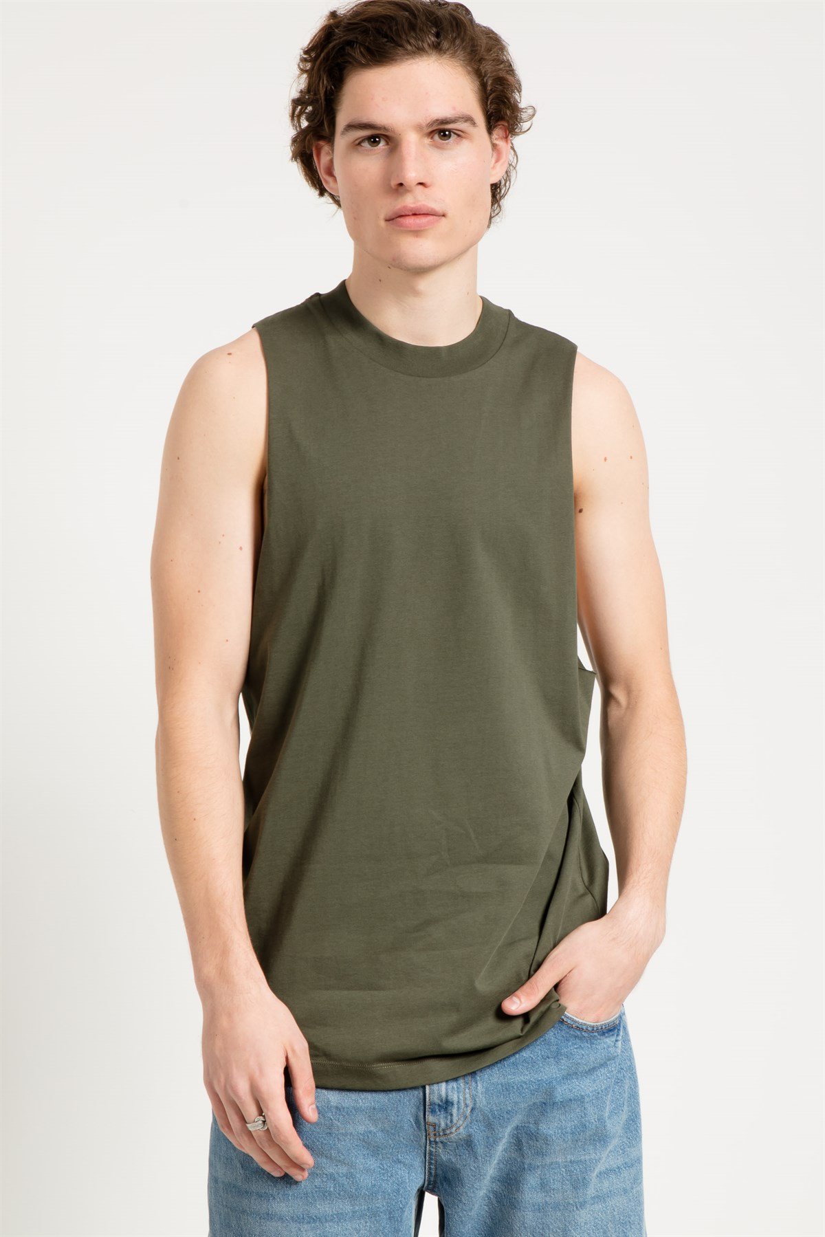 Sleeveless T-shirt with Extreme Dropped Armhole in Khaki