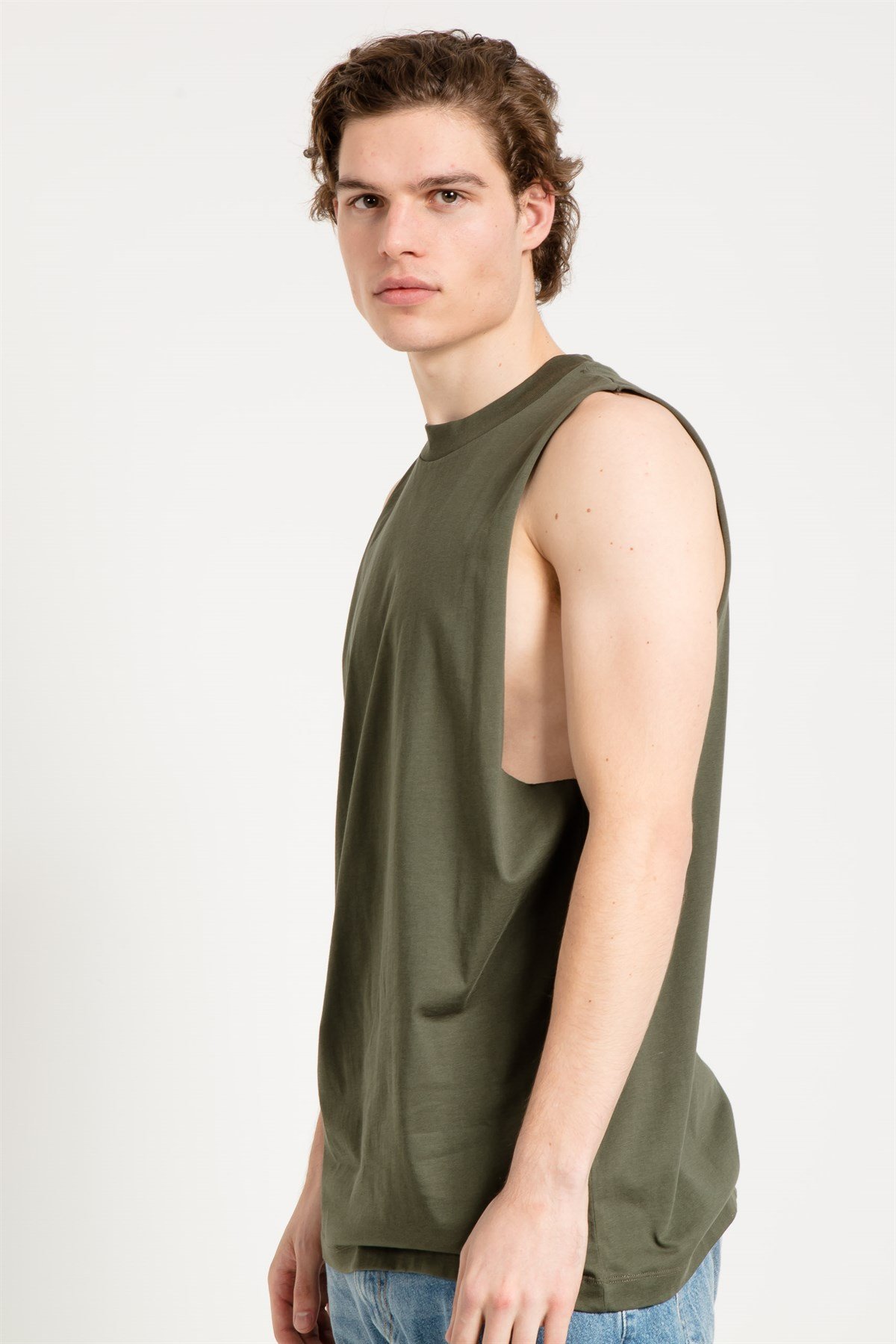 Sleeveless T-shirt with Extreme Dropped Armhole in Khaki