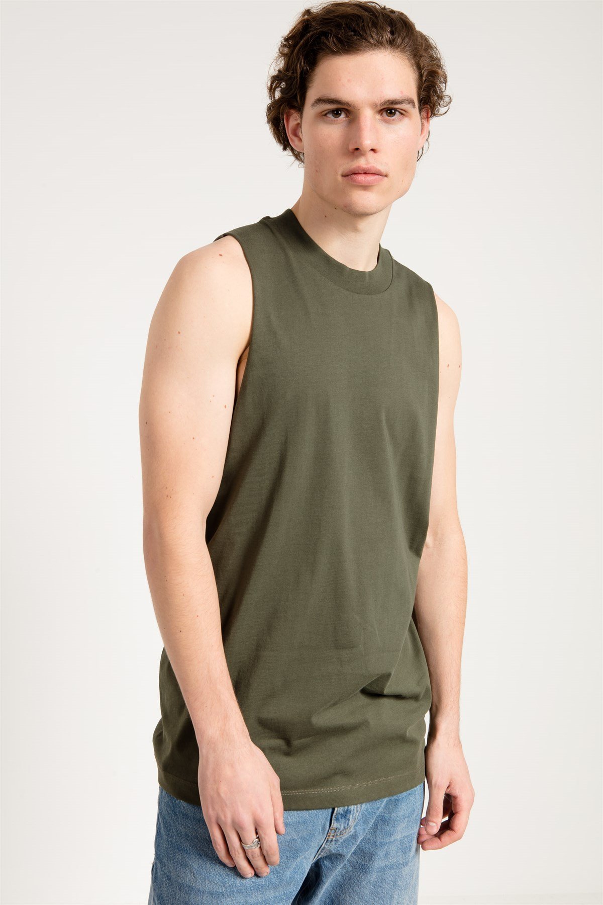 Sleeveless T-shirt with Extreme Dropped Armhole in Khaki
