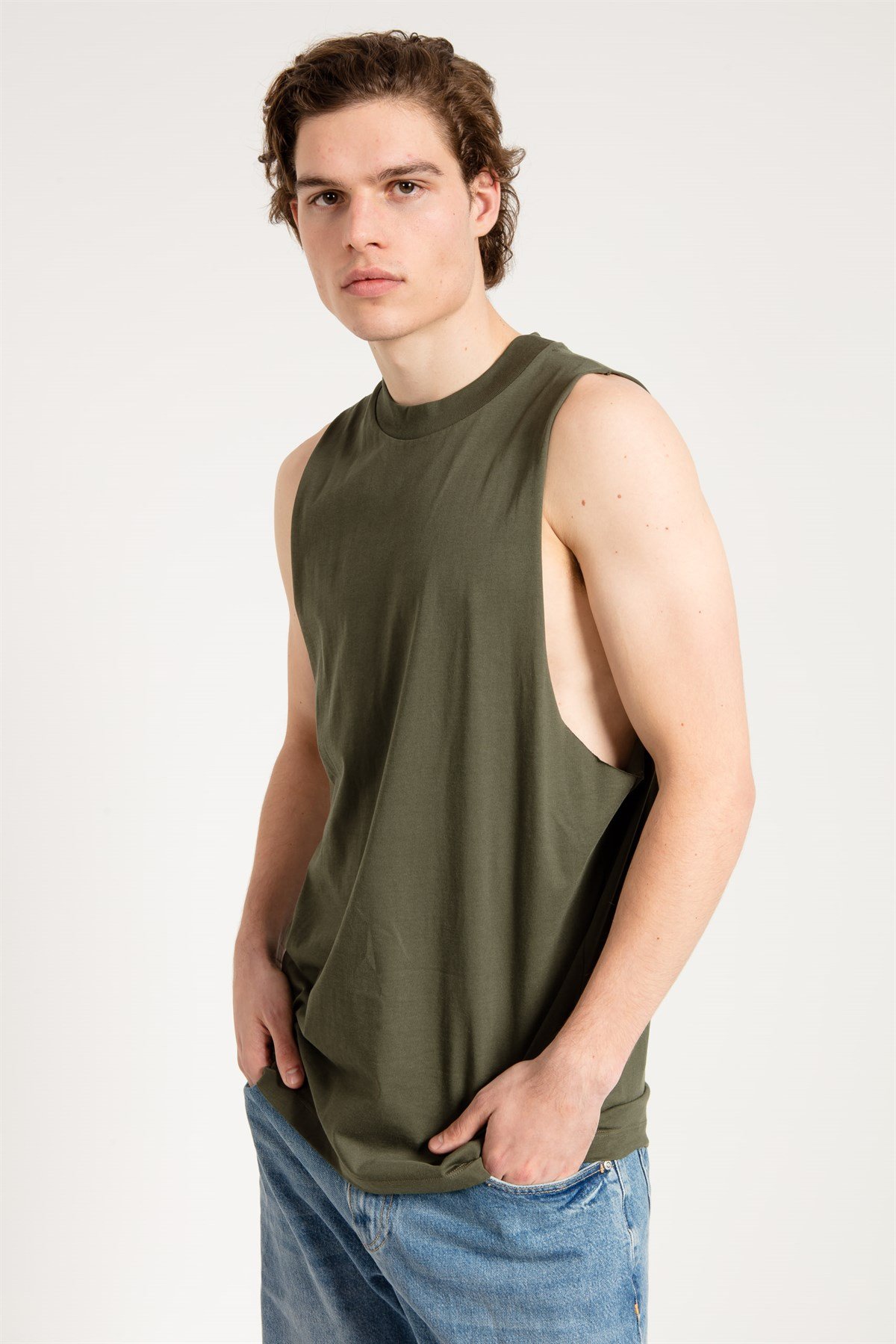 Sleeveless T-shirt with Extreme Dropped Armhole in Khaki