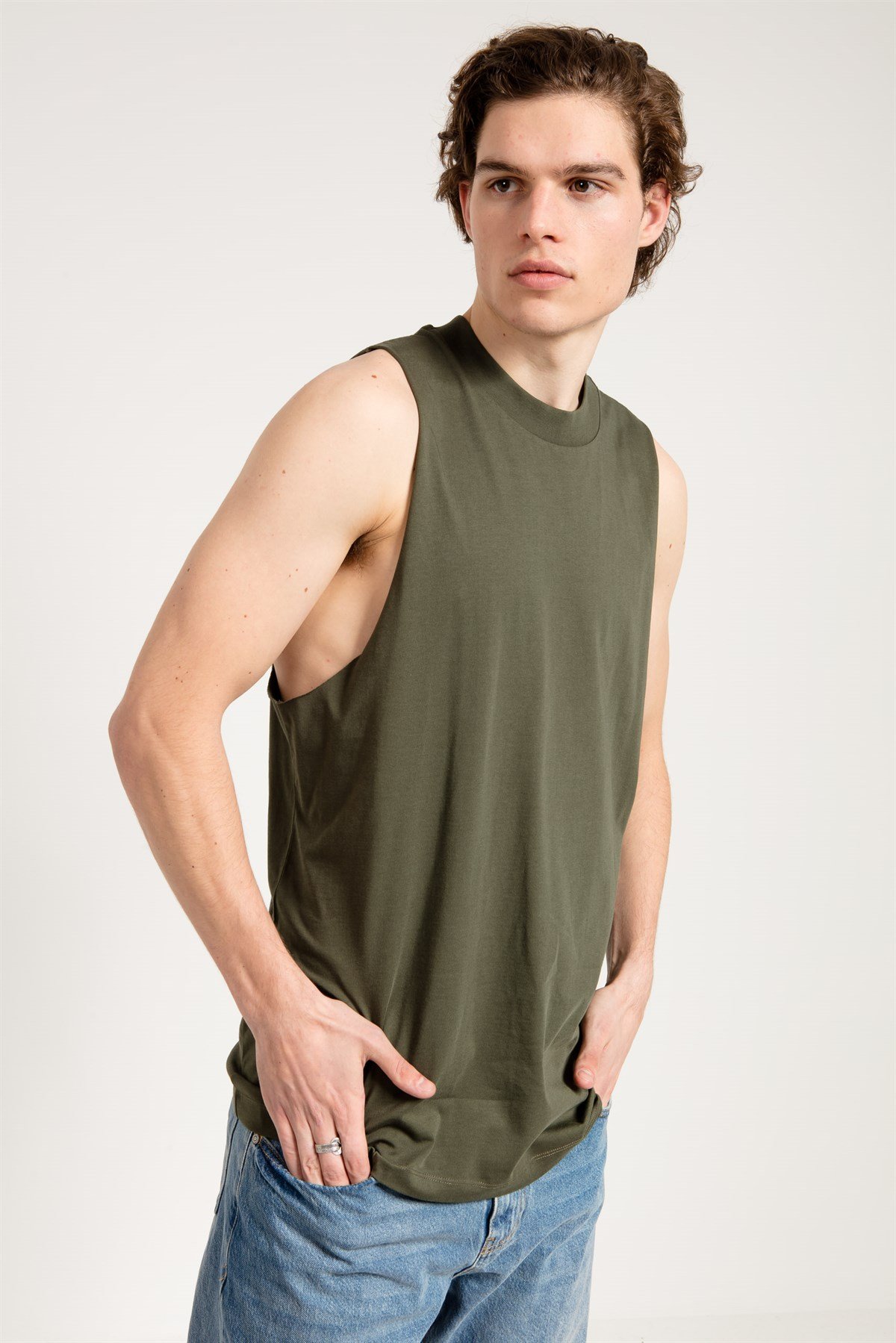 Sleeveless T-shirt with Extreme Dropped Armhole in Khaki
