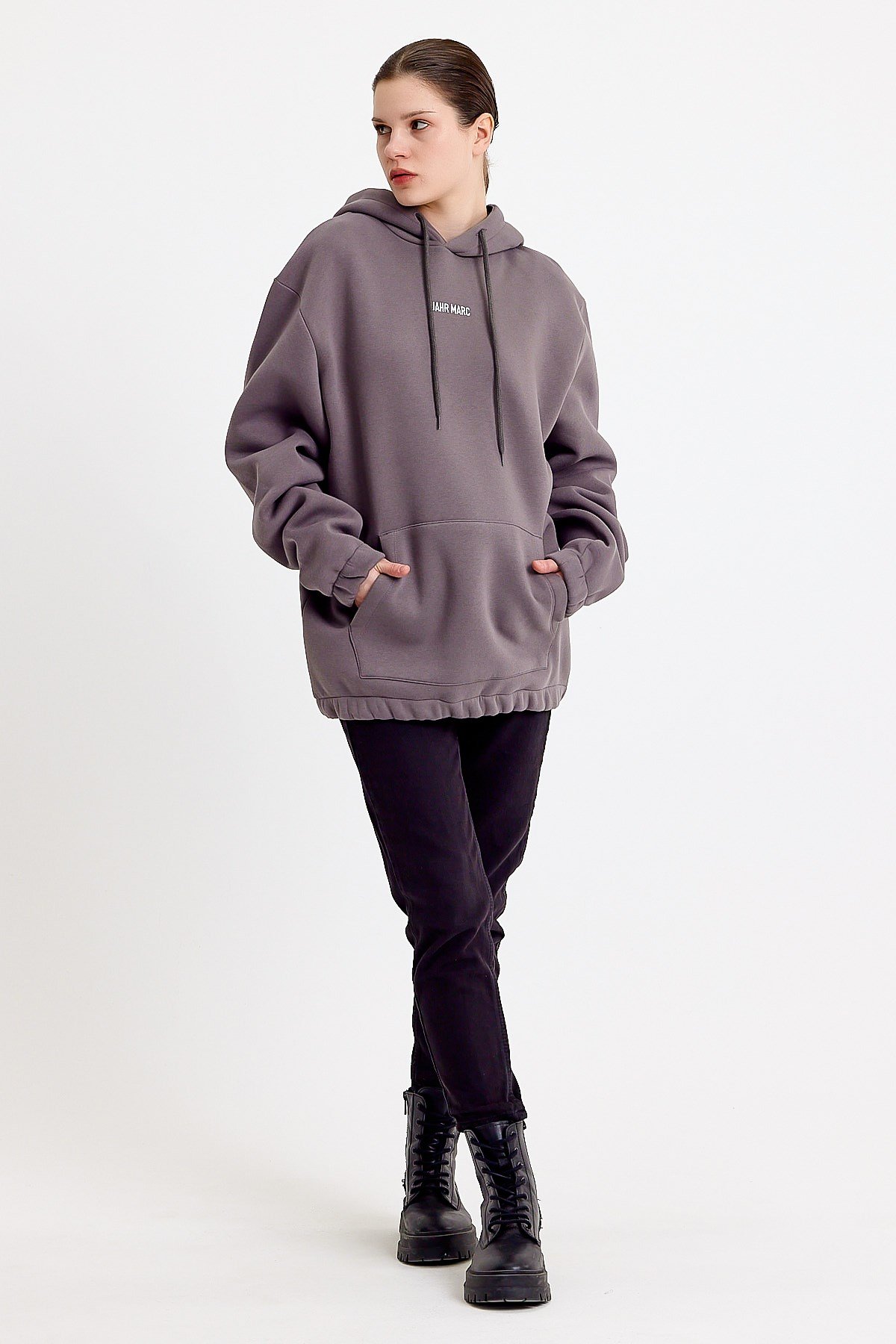 Oversize Nakışlı Gri Kapüşonlu Kadın Sweatshirt