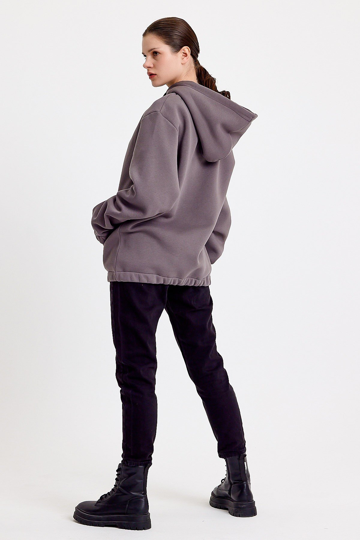 Oversize Nakışlı Gri Kapüşonlu Kadın Sweatshirt