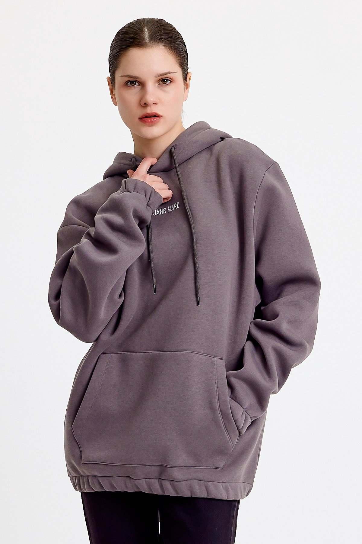 Oversize Nakışlı Gri Kapüşonlu Kadın Sweatshirt