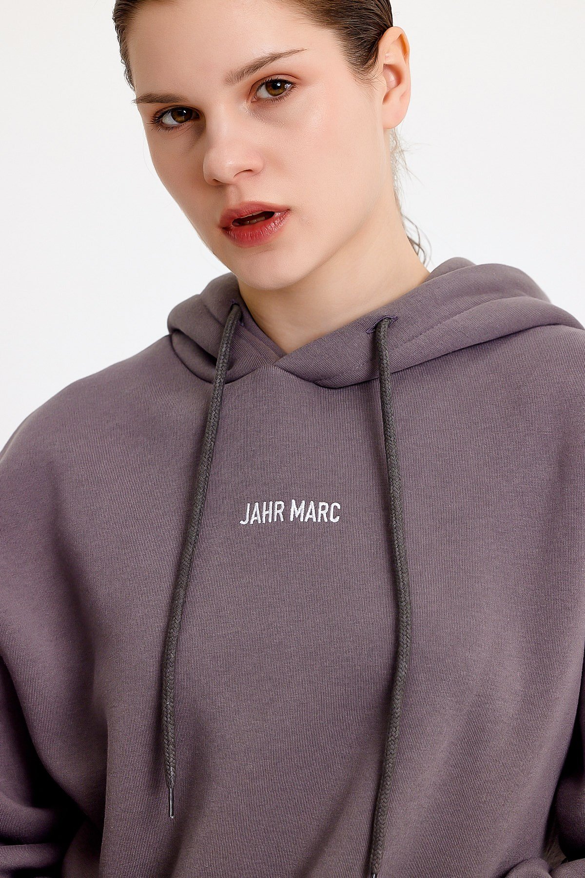 Oversize Nakışlı Gri Kapüşonlu Kadın Sweatshirt