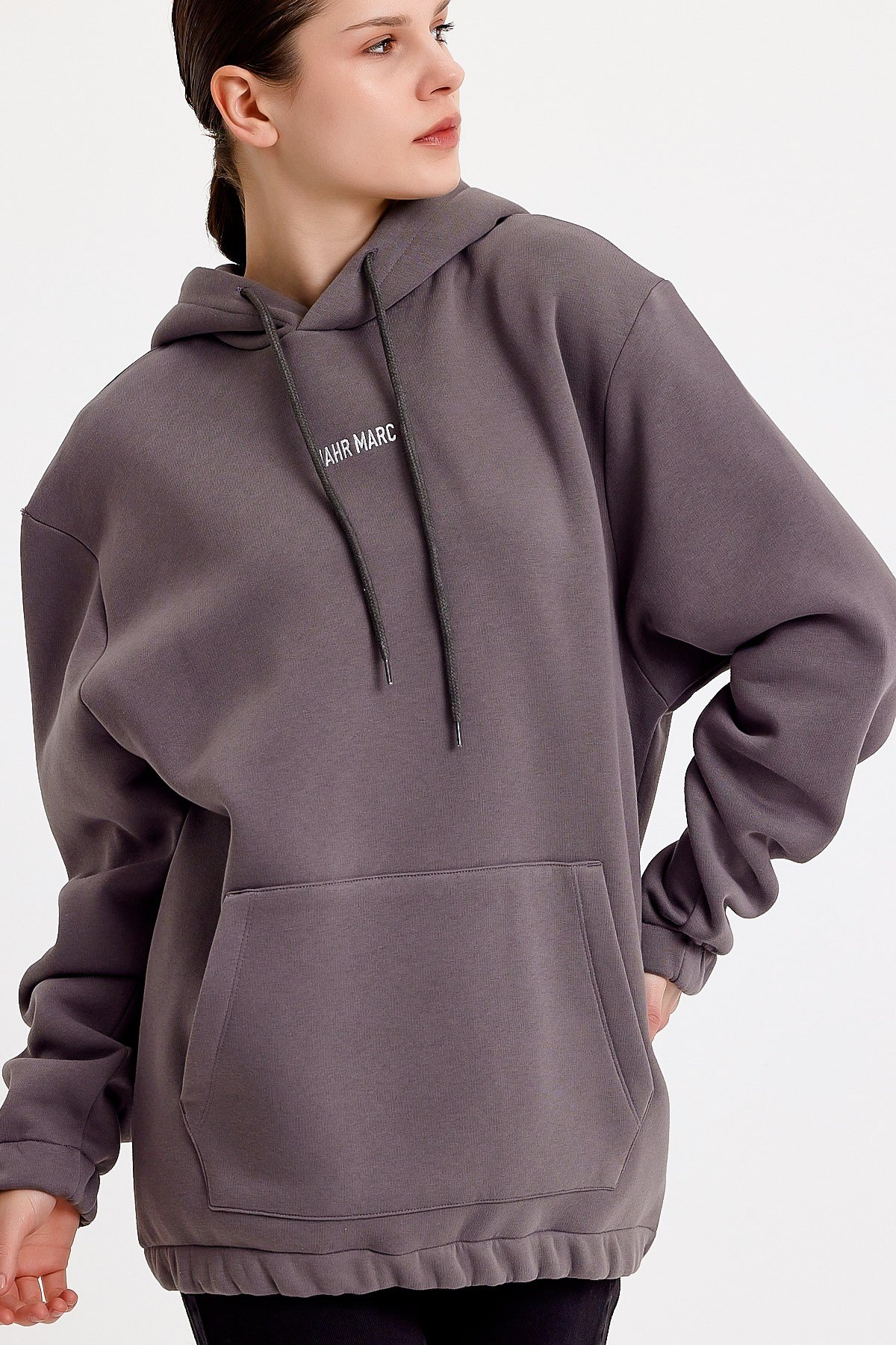 Oversize Nakışlı Gri Kapüşonlu Kadın Sweatshirt