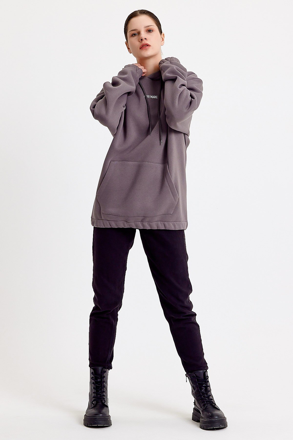 Oversize Nakışlı Gri Kapüşonlu Kadın Sweatshirt