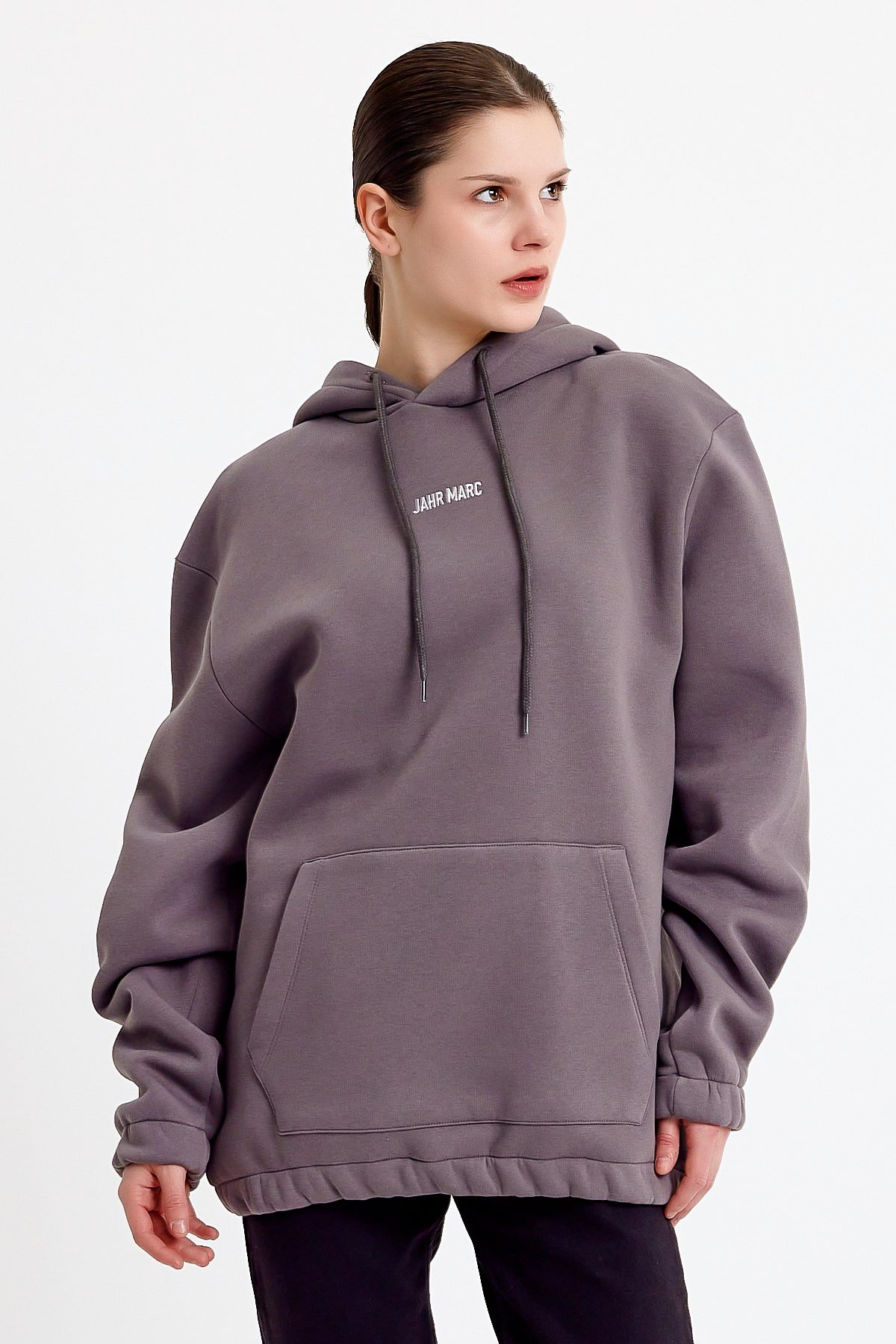 Oversize Nakışlı Gri Kapüşonlu Kadın Sweatshirt