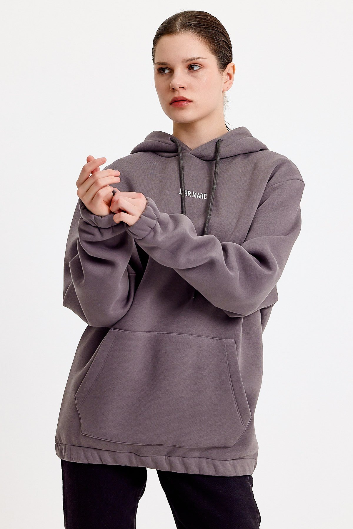 Oversize Nakışlı Gri Kapüşonlu Kadın Sweatshirt