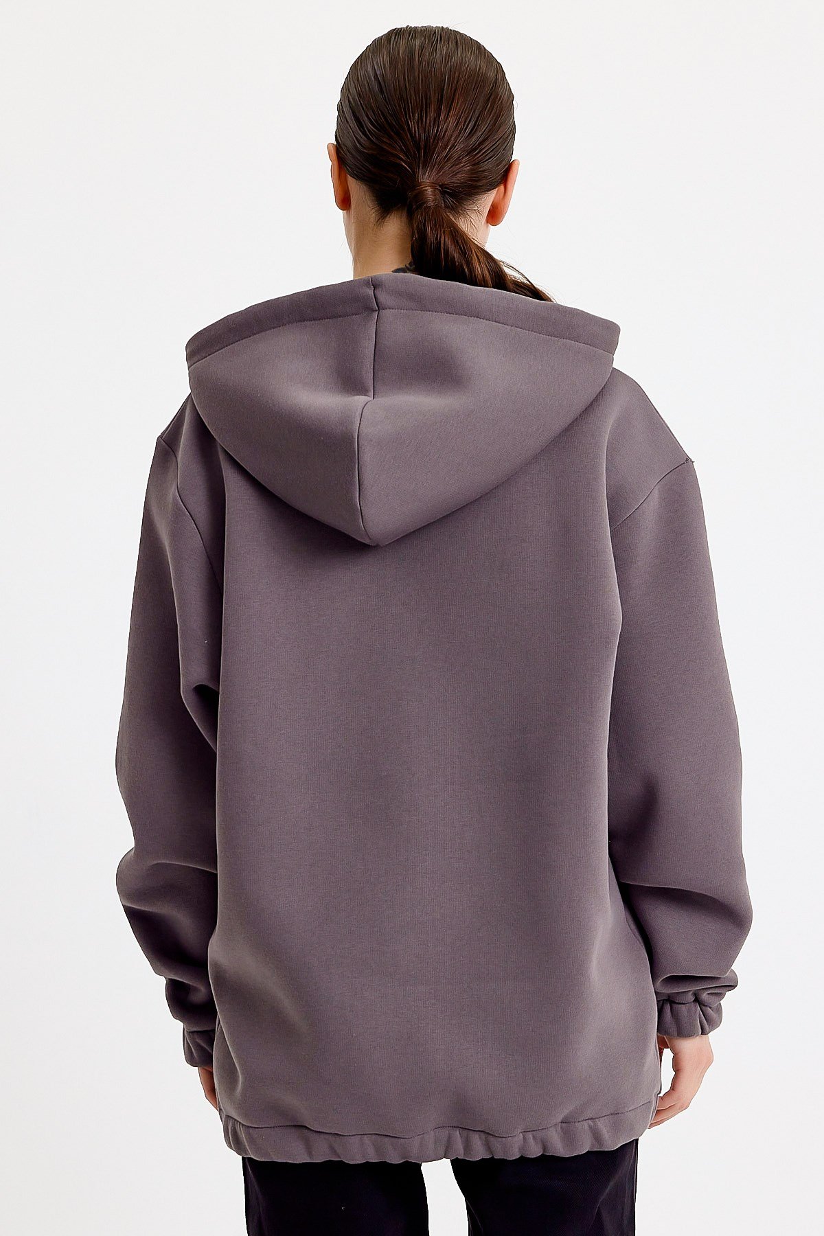 Oversize Nakışlı Gri Kapüşonlu Kadın Sweatshirt