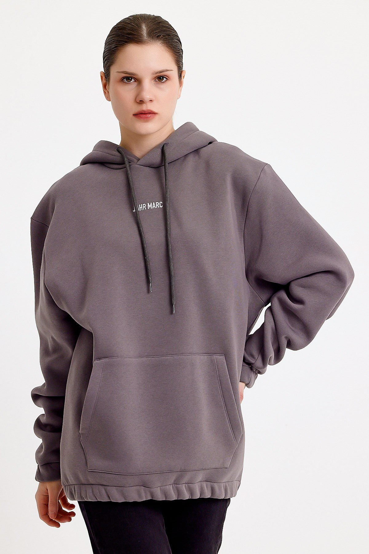Oversize Nakışlı Gri Kapüşonlu Kadın Sweatshirt