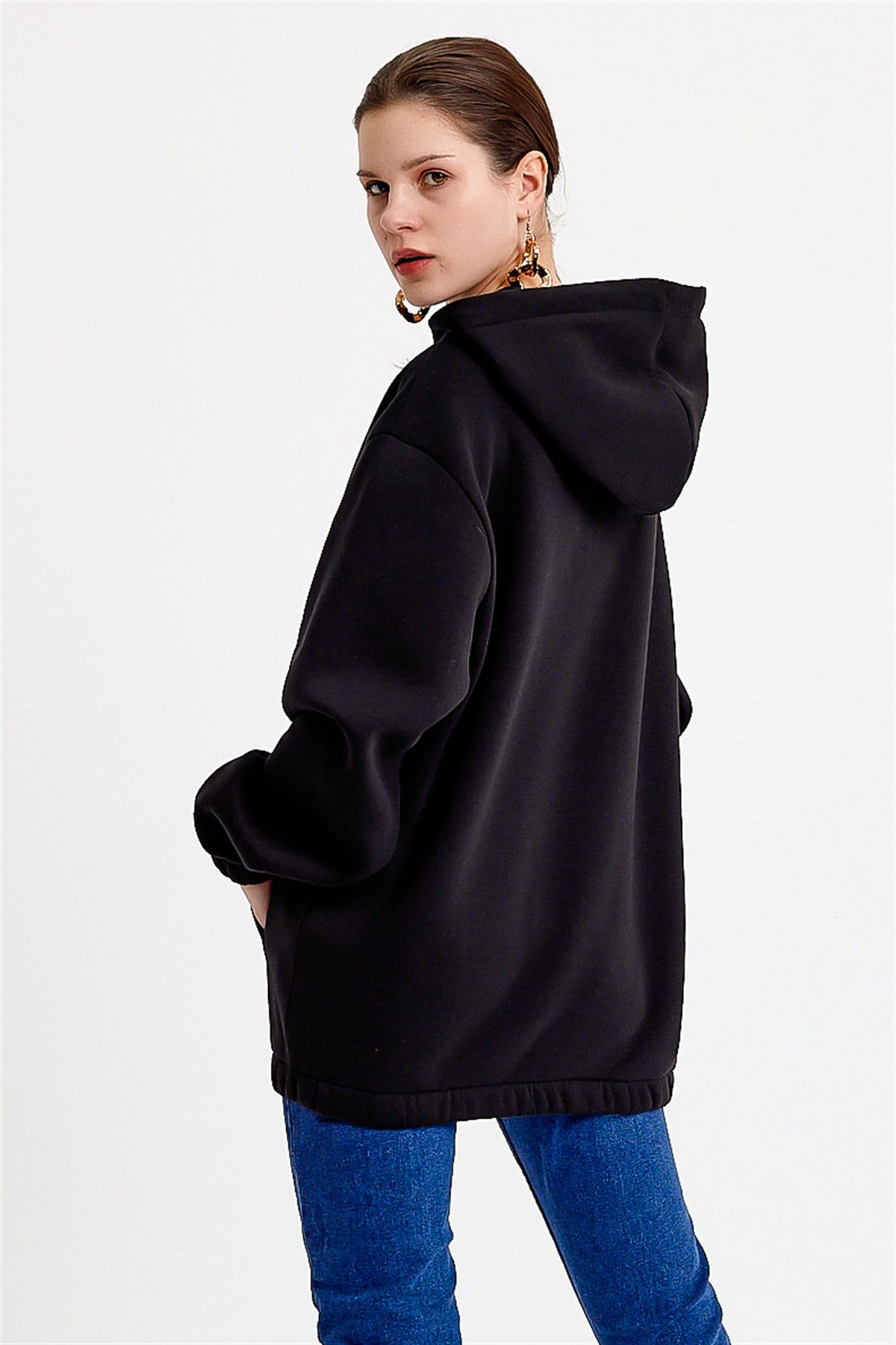 Oversize Nakışlı Siyah Kadın Sweatshirt