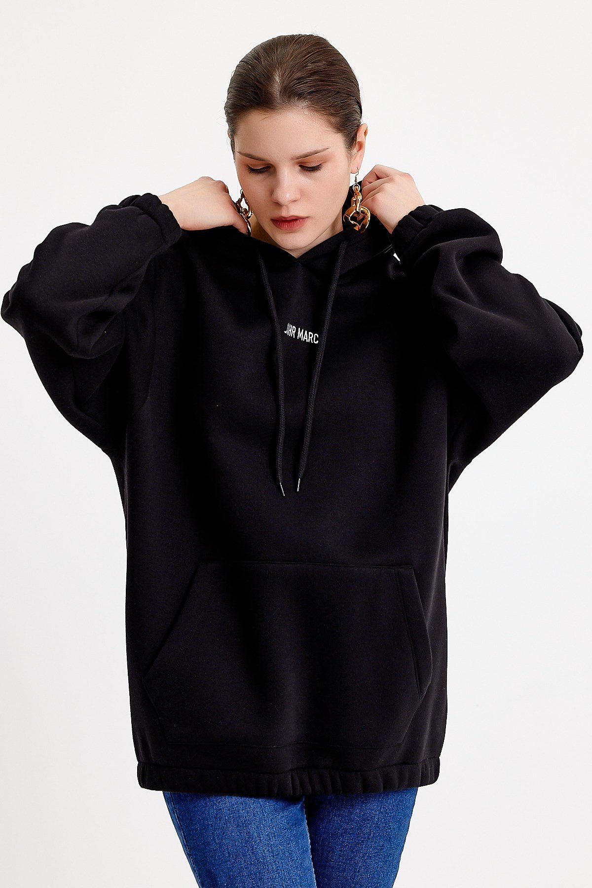 Oversize Nakışlı Siyah Kadın Sweatshirt