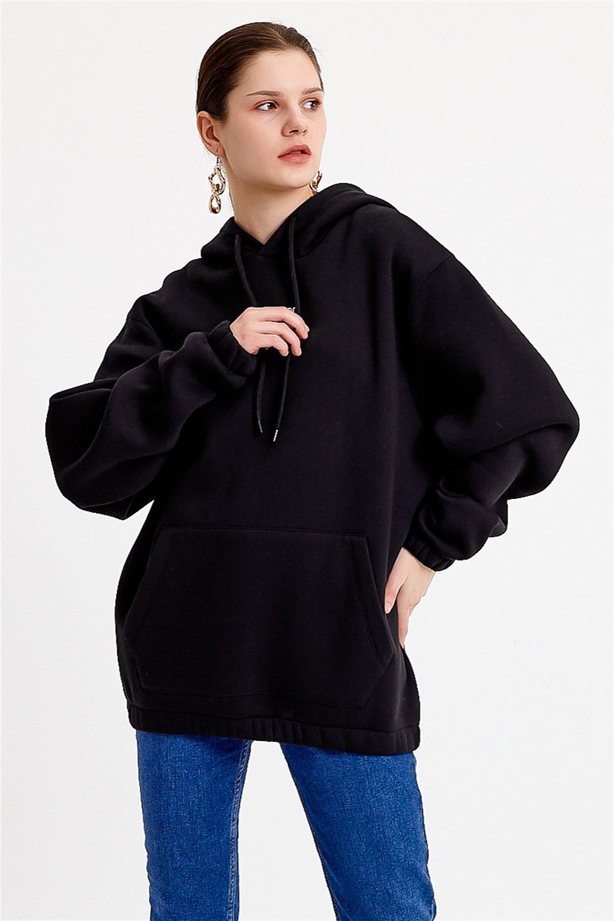 Oversize Nakışlı Siyah Kadın Sweatshirt