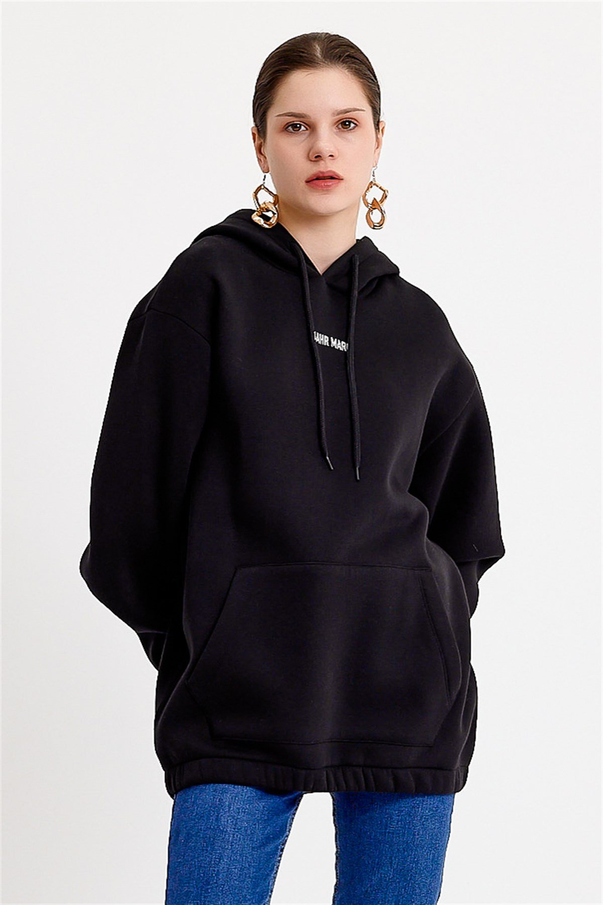 Oversize Nakışlı Siyah Kadın Sweatshirt