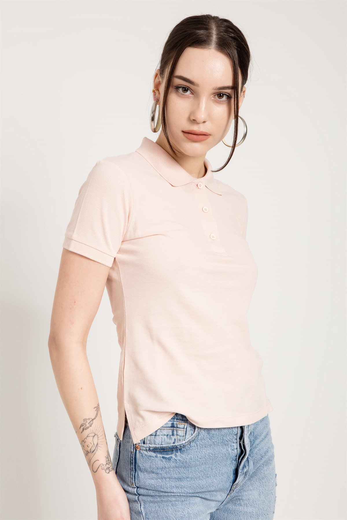 Fitted Polo T-shirt in Pink with Split Sides