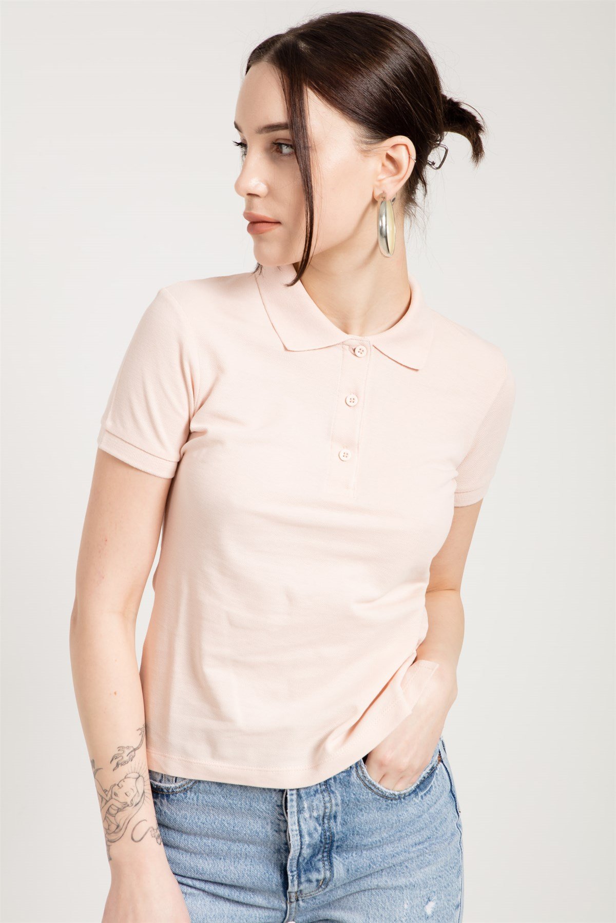 Fitted Polo T-shirt in Pink with Split Sides