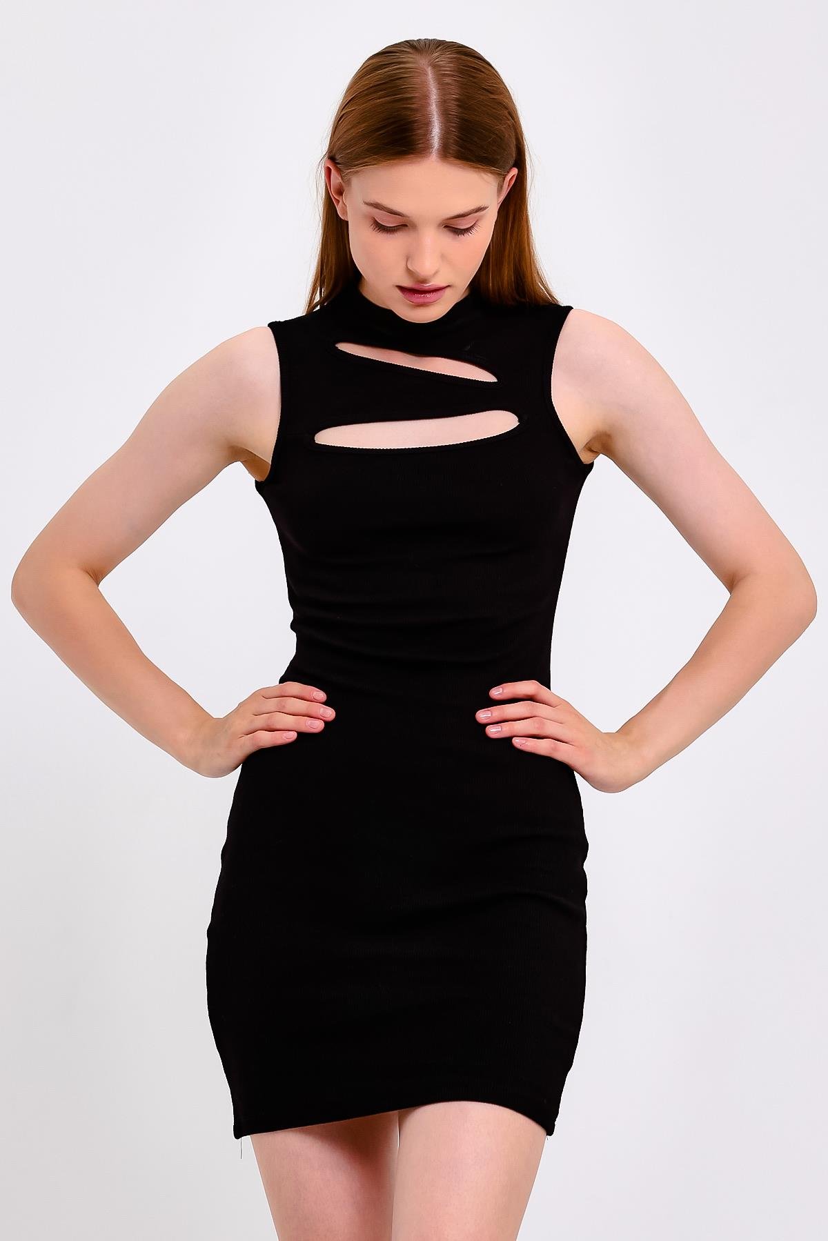 Pencere Detaylı Siyah Mini Bodycon Elbise