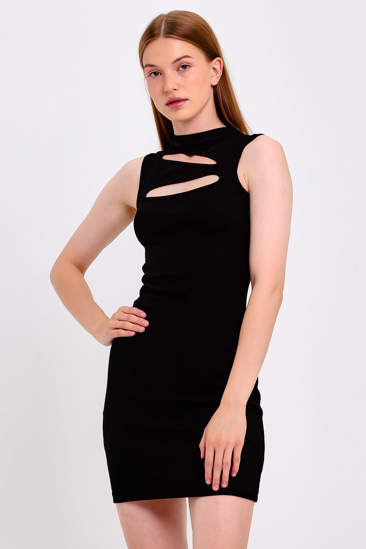 Pencere Detaylı Siyah Mini Bodycon Elbise