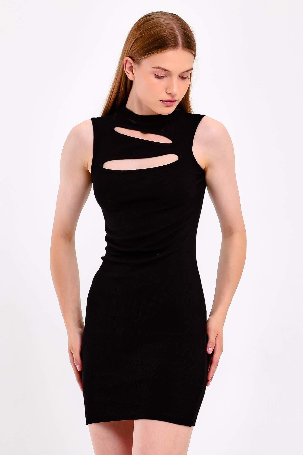 Pencere Detaylı Siyah Mini Bodycon Elbise