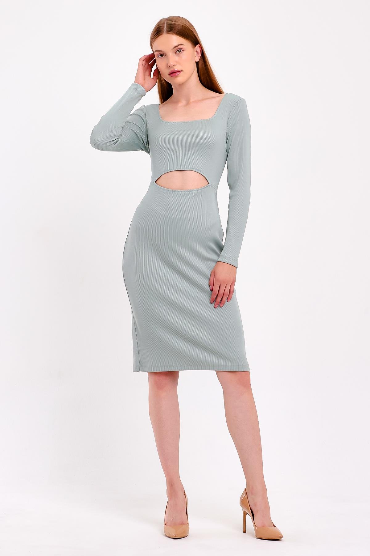 Pencere Detaylı Su Yeşili Fitilli Elbise