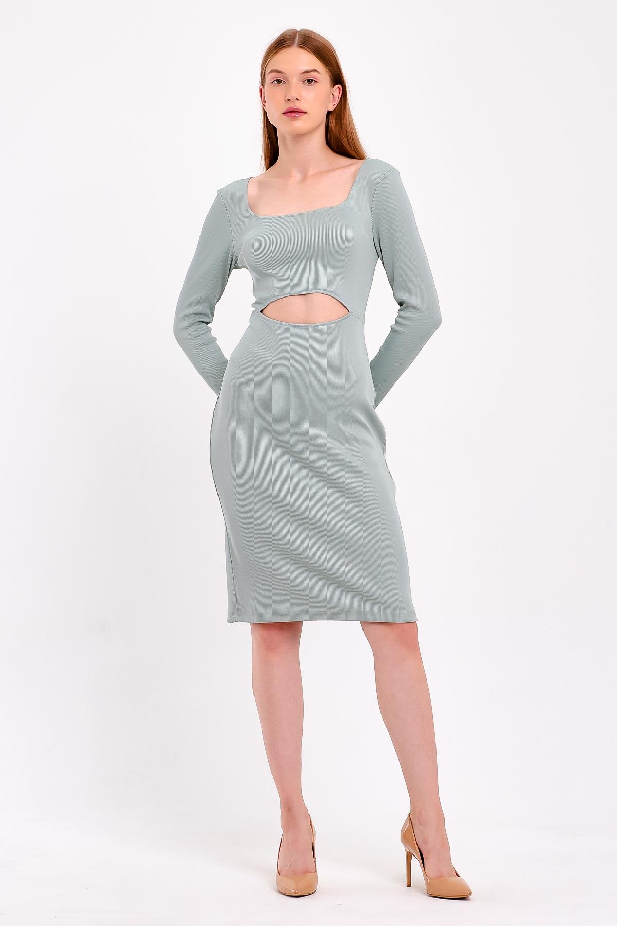 Pencere Detaylı Su Yeşili Fitilli Elbise