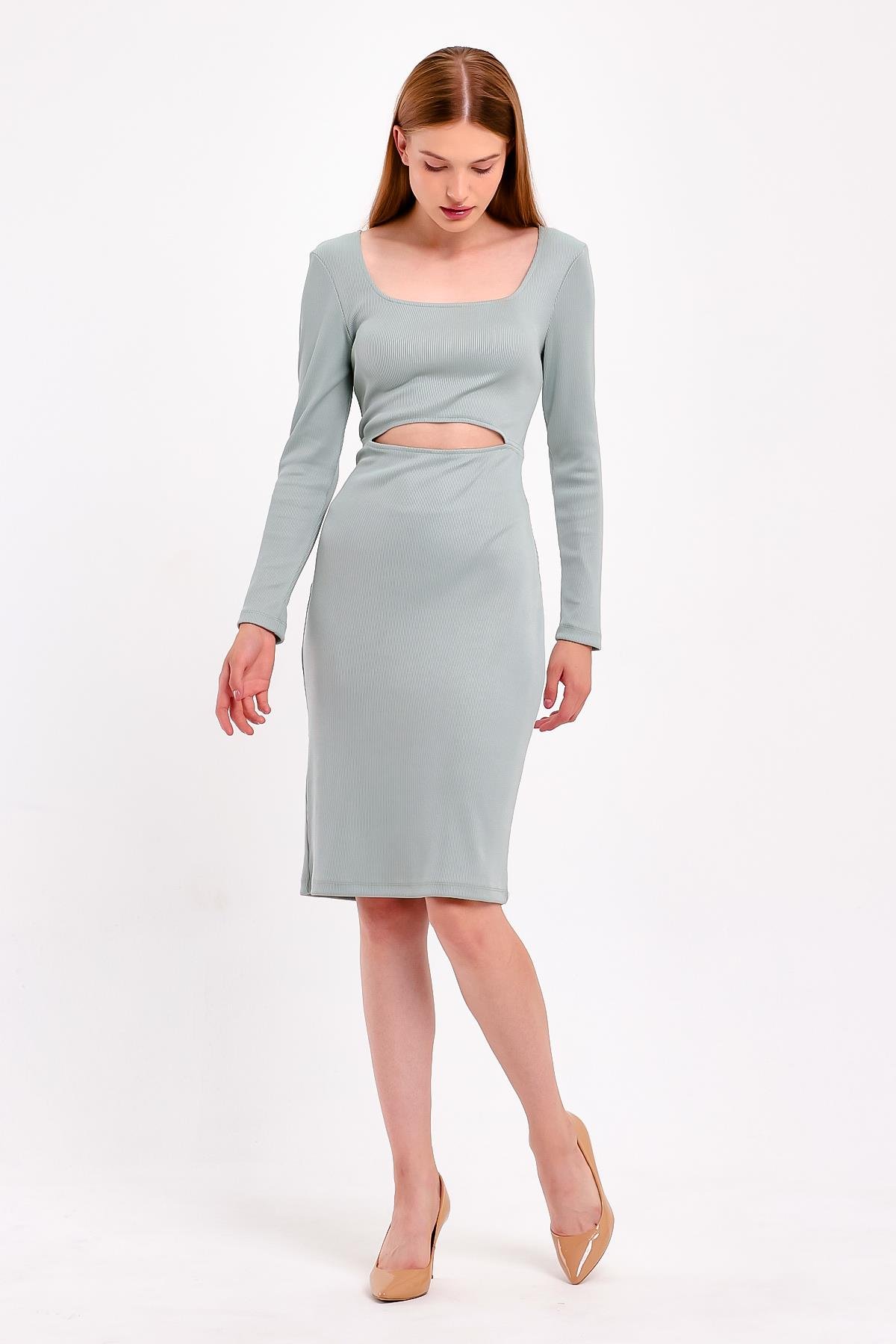 Pencere Detaylı Su Yeşili Fitilli Elbise