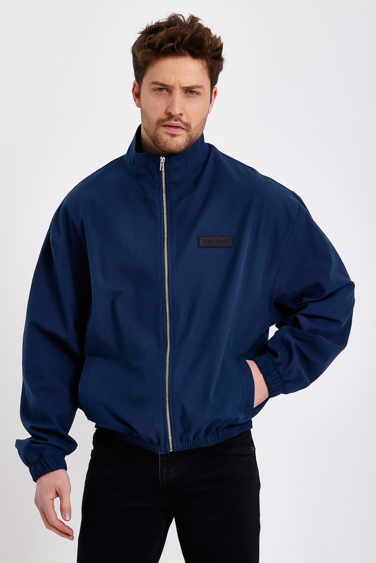 Petrol Dik Yaka Fermuarlı Erkek Yağmurluk