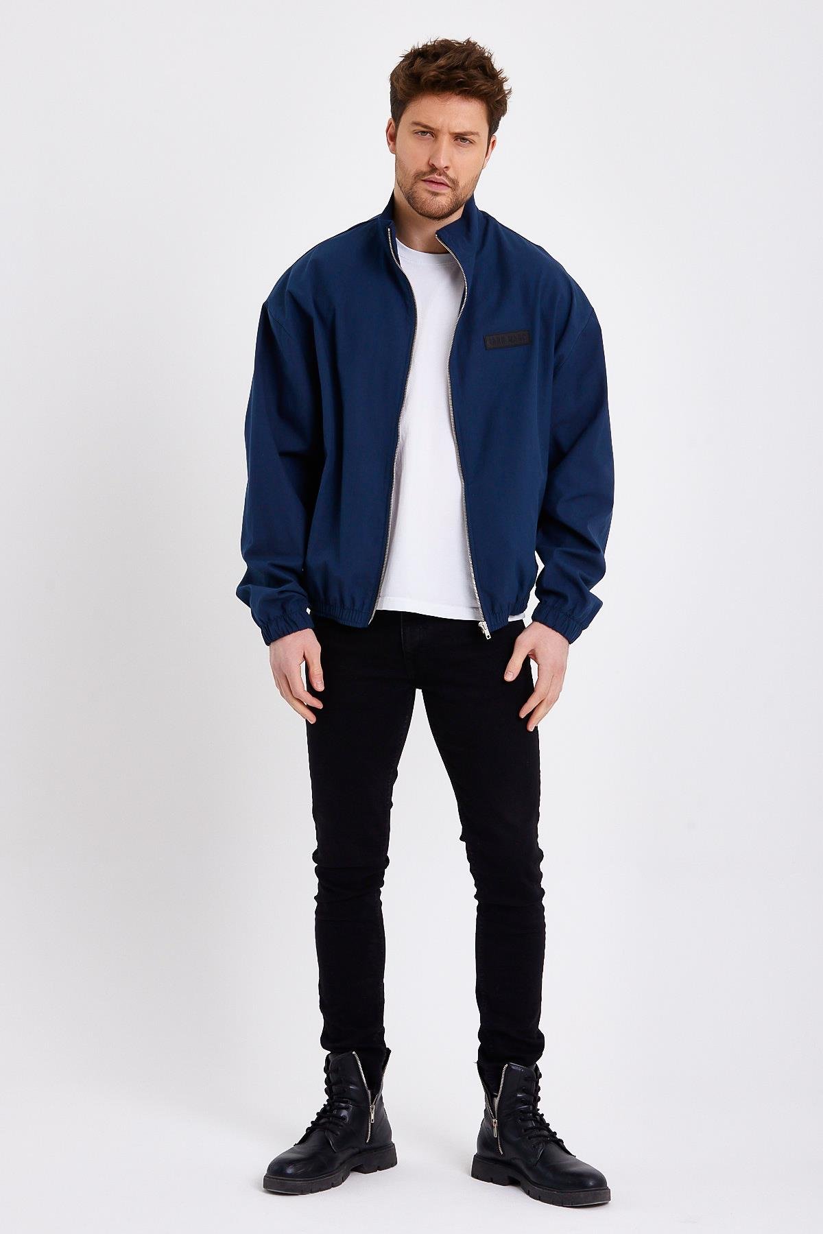 Petrol Dik Yaka Fermuarlı Erkek Yağmurluk