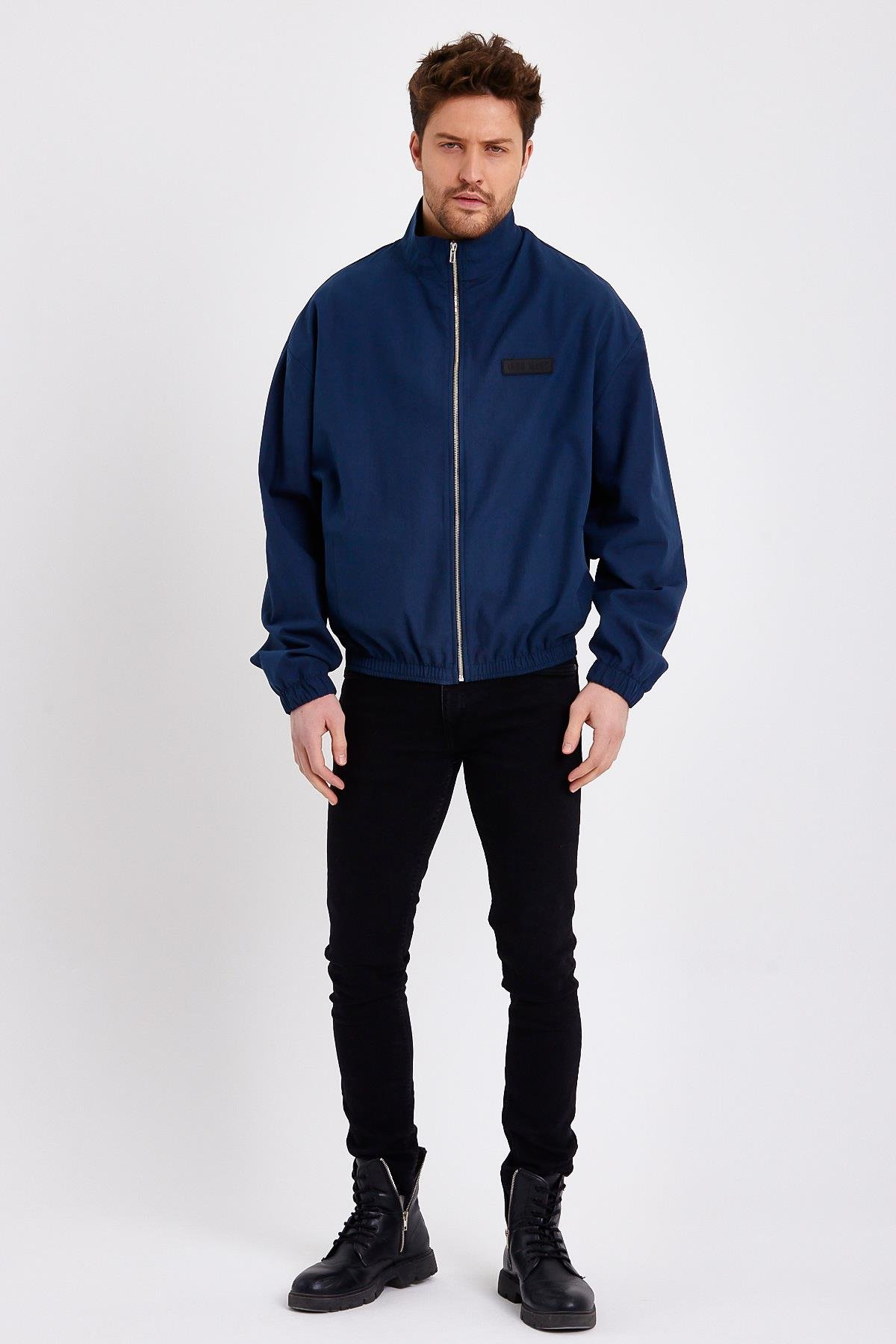 Petrol Dik Yaka Fermuarlı Erkek Yağmurluk