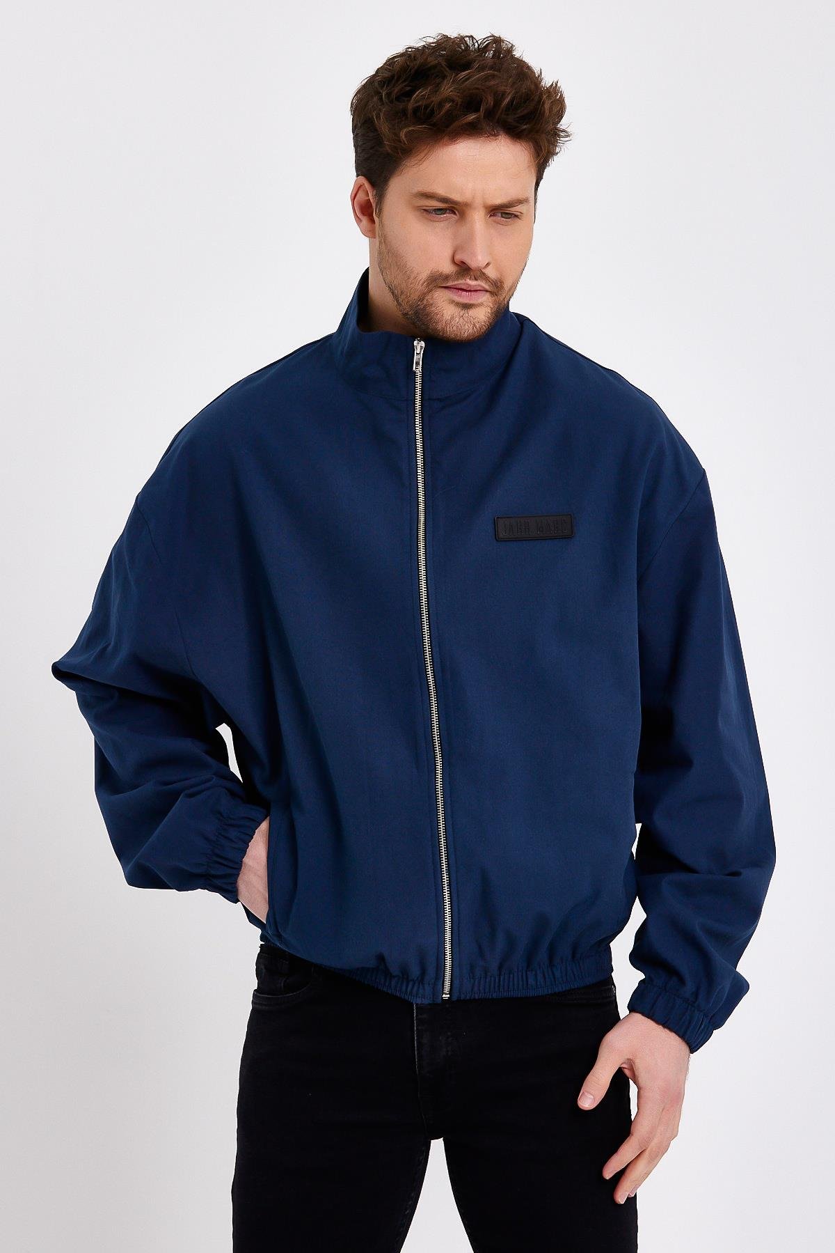 Petrol Dik Yaka Fermuarlı Erkek Yağmurluk