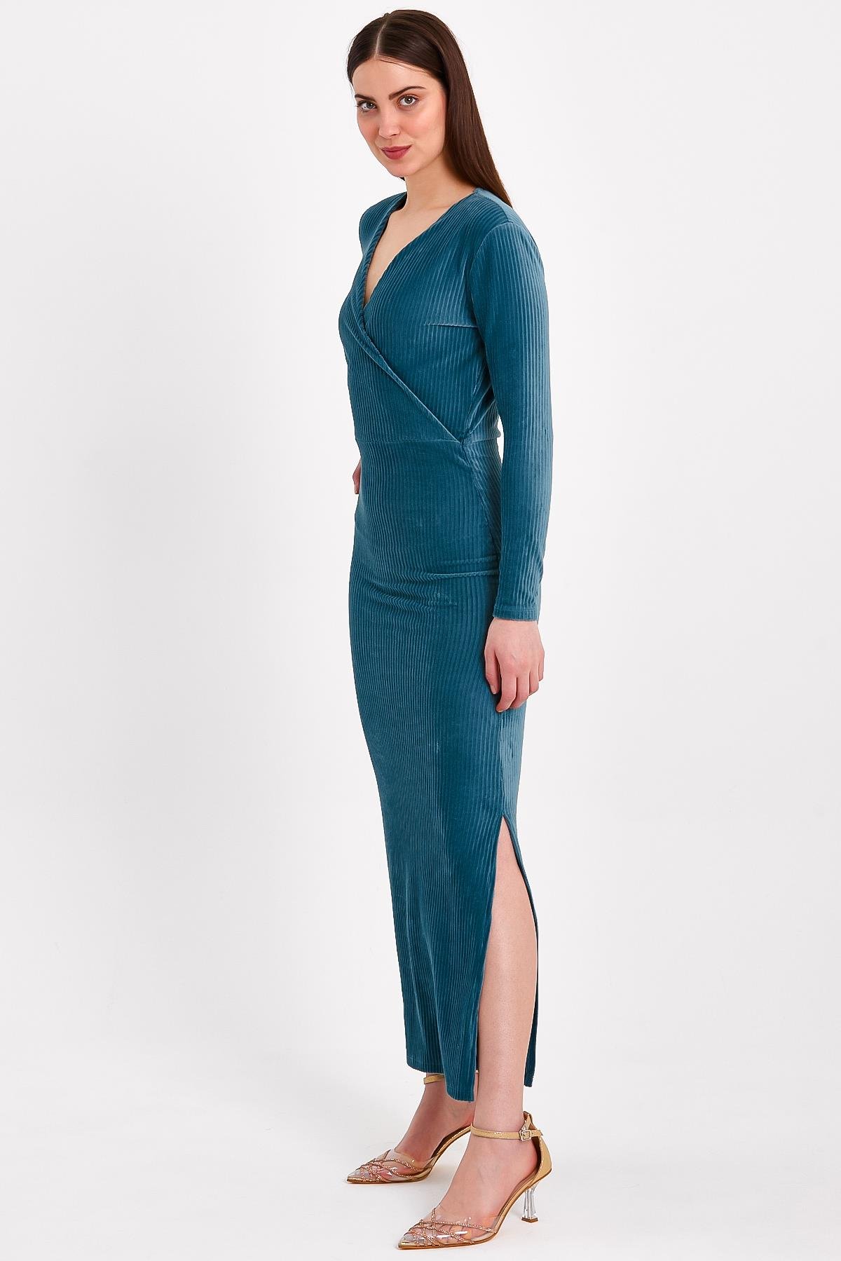 Petrol Mavisi Yırtmaçlı Kruvaze Yaka Elbise