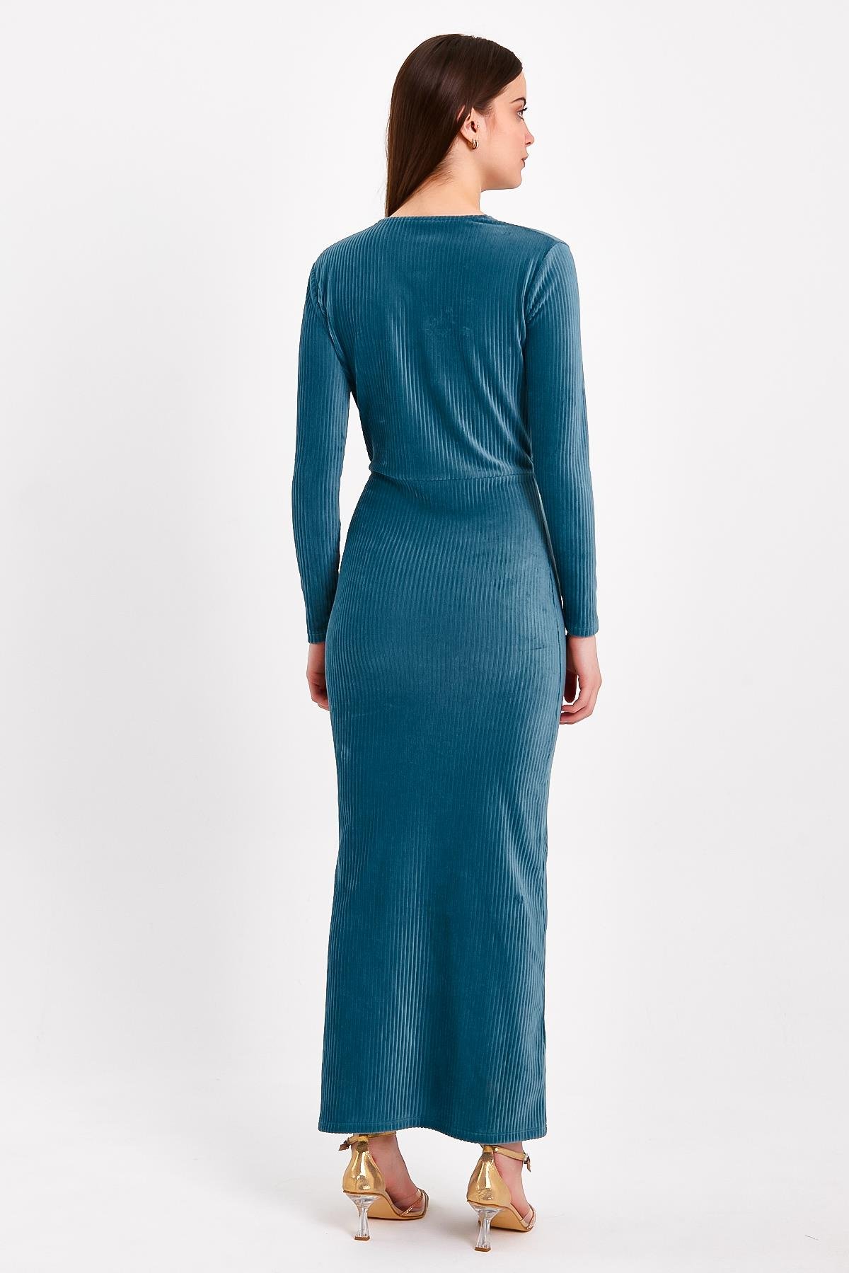 Petrol Mavisi Yırtmaçlı Kruvaze Yaka Elbise