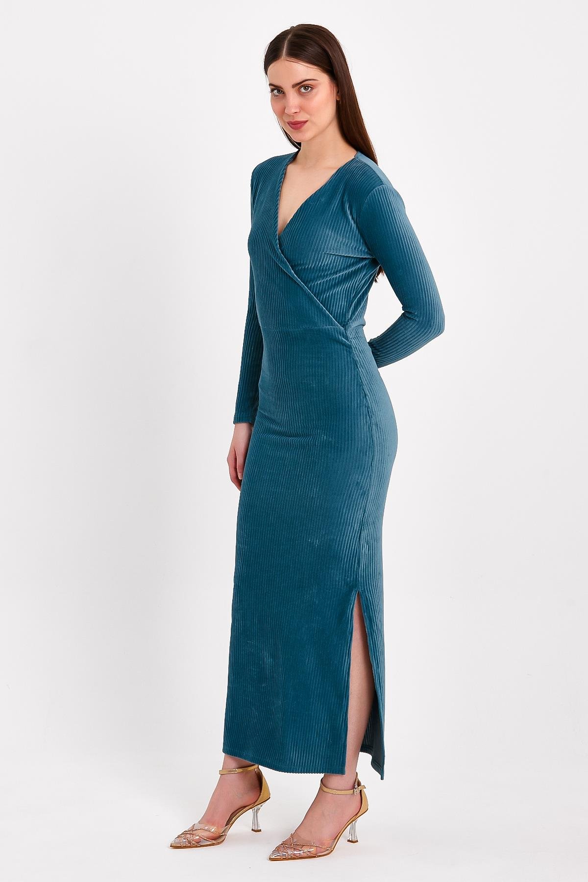 Petrol Mavisi Yırtmaçlı Kruvaze Yaka Elbise