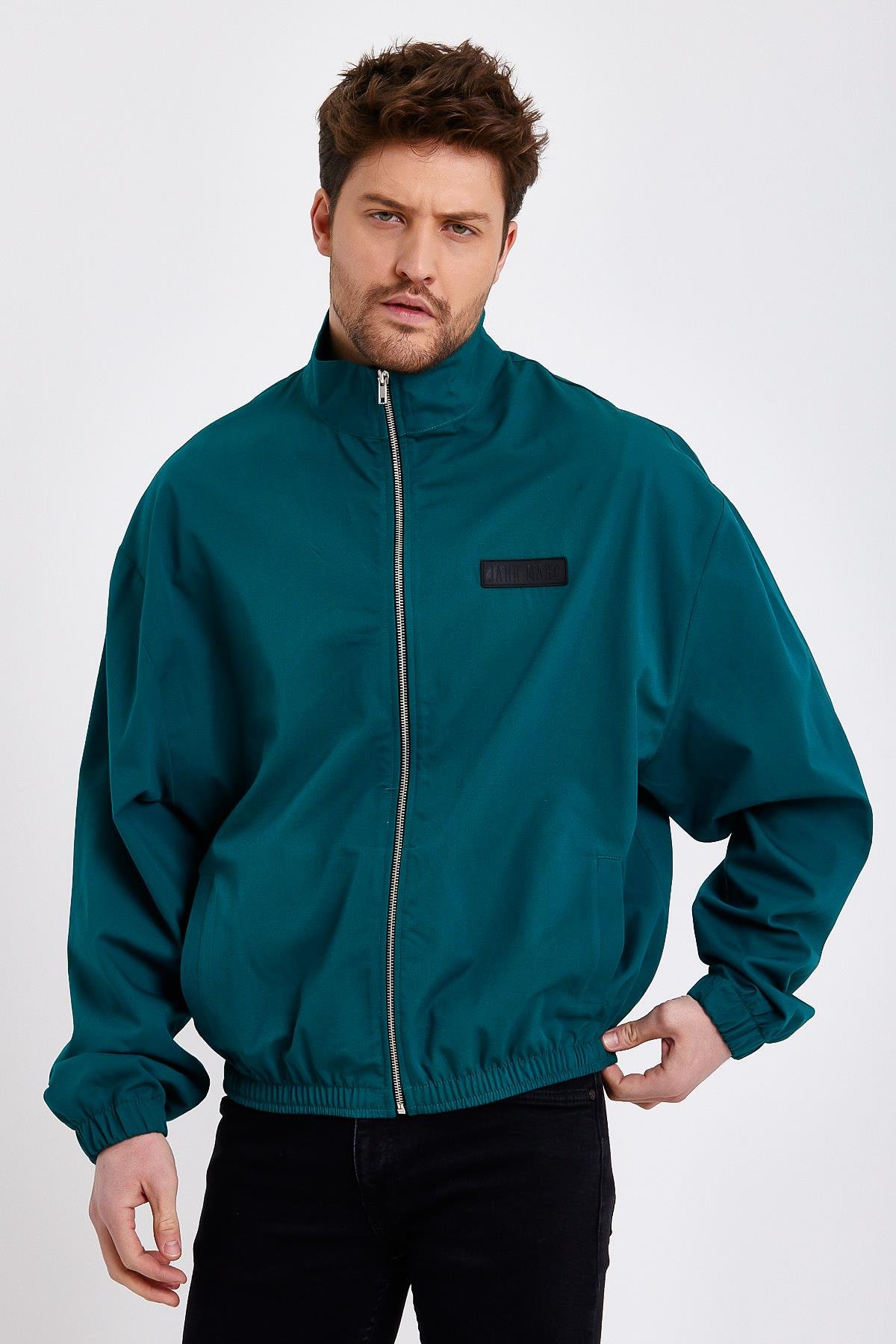 Petrol Yeşili Fermuarlı Erkek Yağmurluk